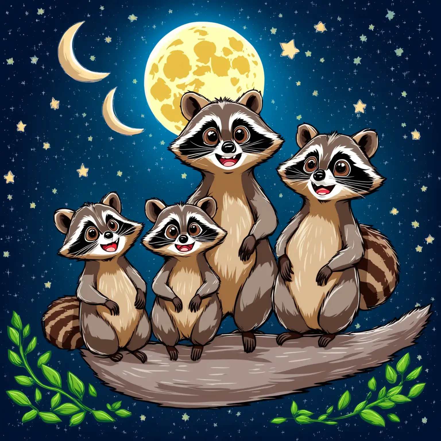 a momma racoon with two of her baby racoons looking up at the moon,colorful, cartoon style, white background