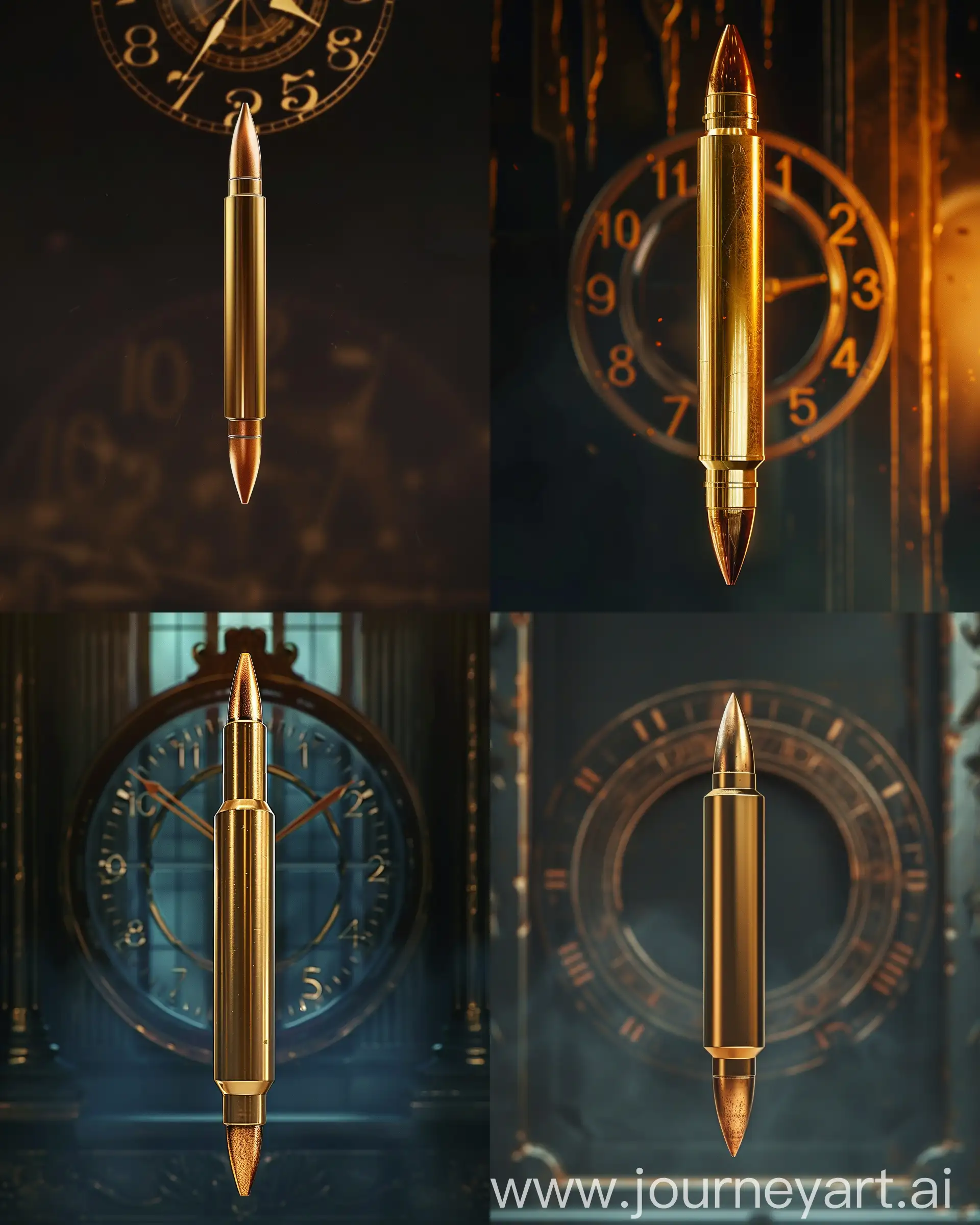 A close-up of a golden bullet with a copper tip, floating vertically against a dark background. The bullet is positioned in the center of the image with a clock face design surrounding it, indicating hours from 1 to 12. The background is blurred and minimalistic. The overall aesthetic is cinematic and polished, with soft lighting highlighting the bullet's metallic surface. No text on the image --v 6 --ar 4:5
