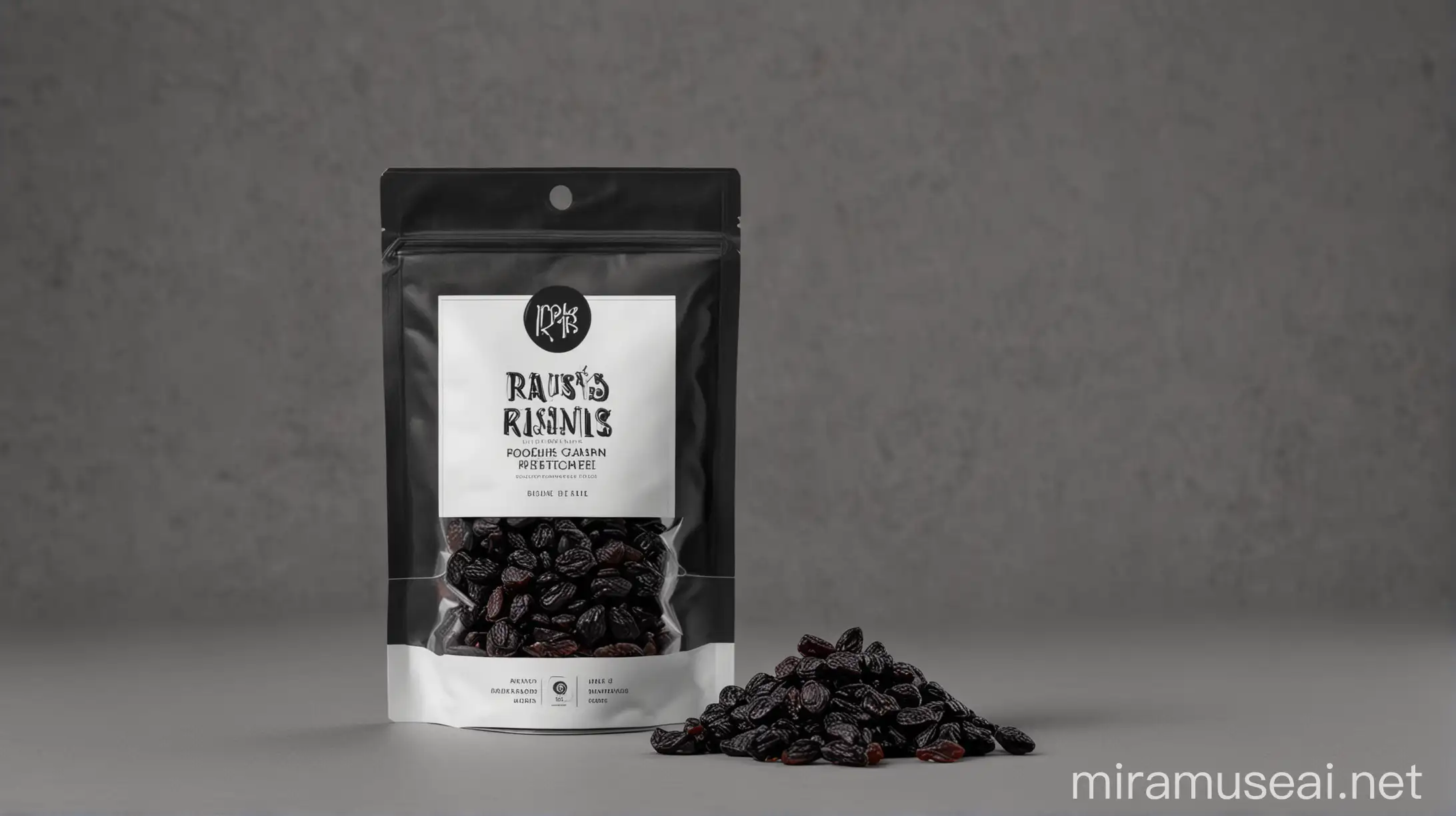 product shots of raisins packet with black raisins, minimalistic black logo 