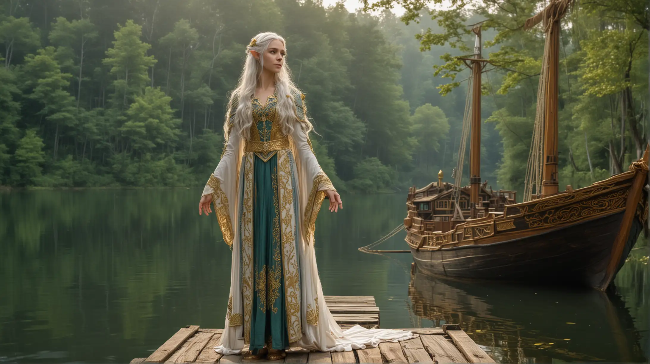 Elven Woman by Dock with Wooden Ship in Forest Lake