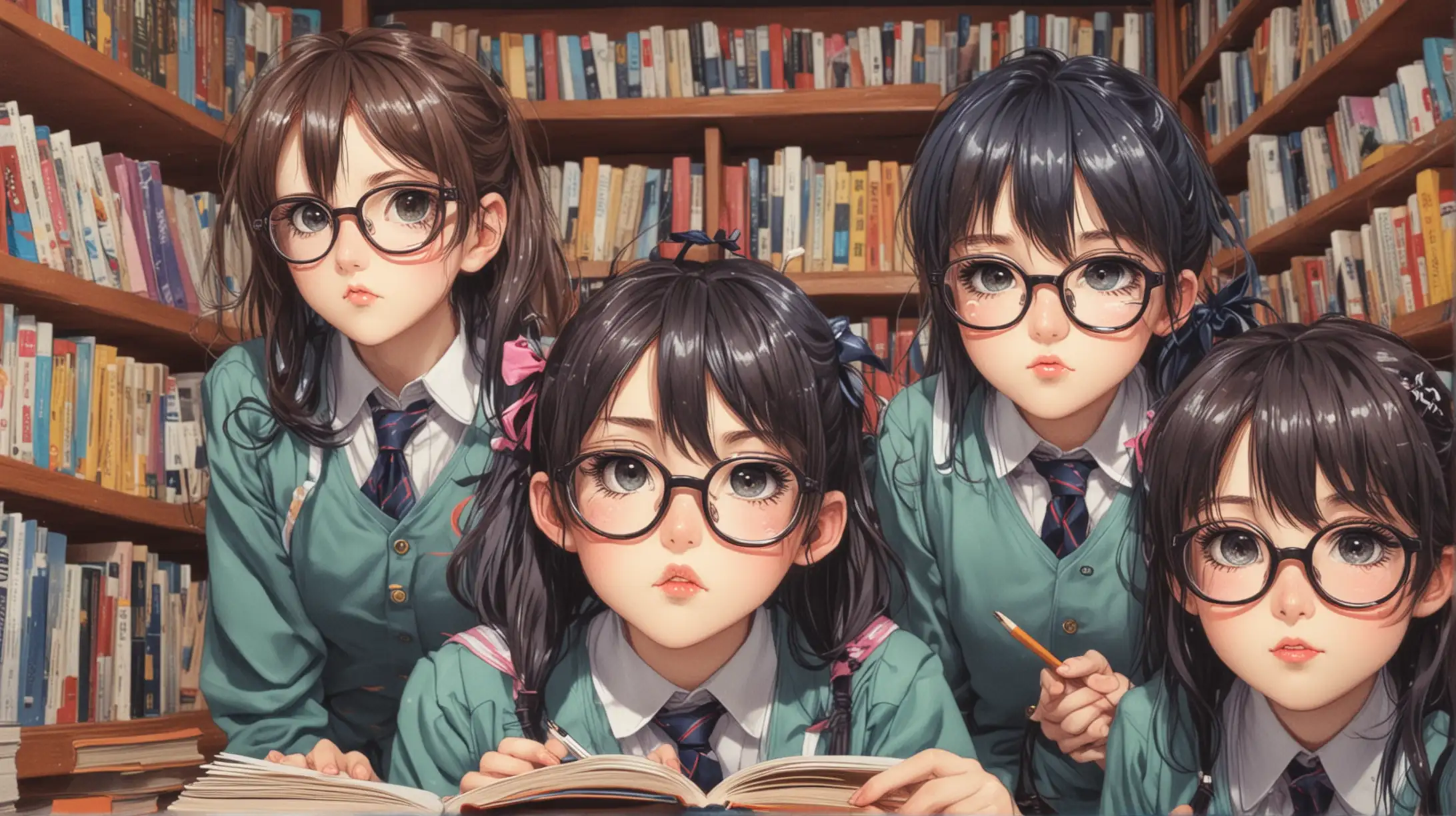 cute colour manga drawing, sensual nerdy seifuku girls in glasses crowded into a small library room, reading, wearing nerdy glasses, school book club, humorous manga style, various figures carefully arranged around frame