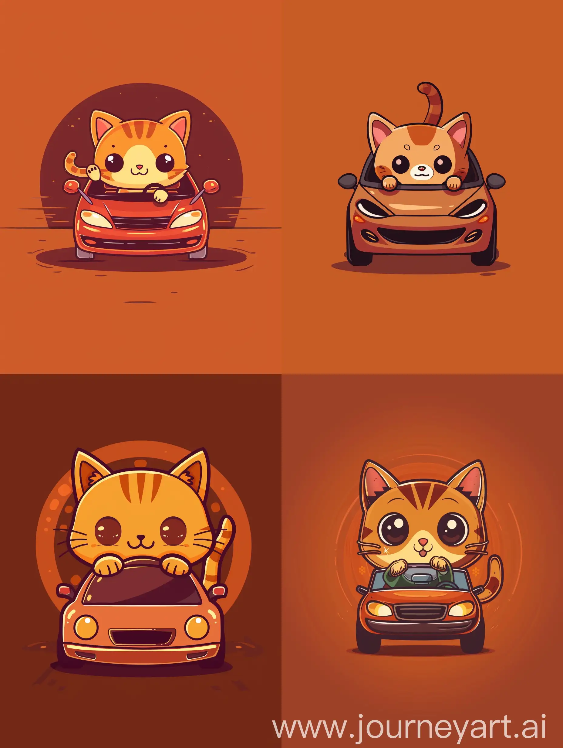thin line style chibi cute cat driving a car, with solid dark orange background, small object and center concentrated image, far view point