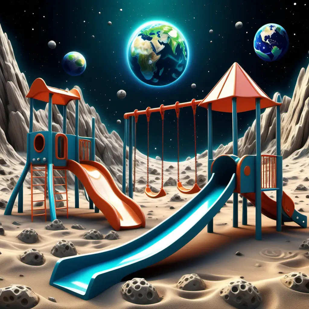 Futuristic Playground on the Moon with Space Slides and Swings
