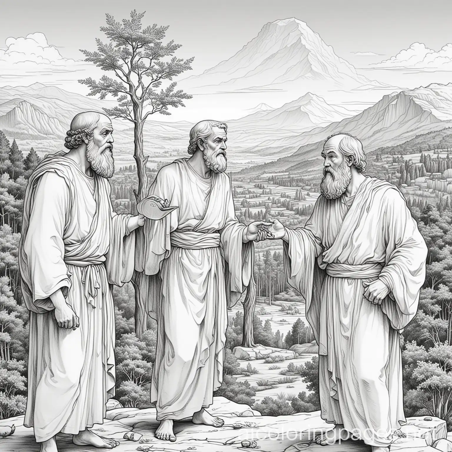 plato, socrates, and aristotle arguing about philosophy with trees and mountains in the background
, Coloring Page, black and white, line art, white background, Simplicity, Ample White Space. The background of the coloring page is plain white to make it easy for young children to color within the lines. The outlines of all the subjects are easy to distinguish, making it simple for kids to color without too much difficulty