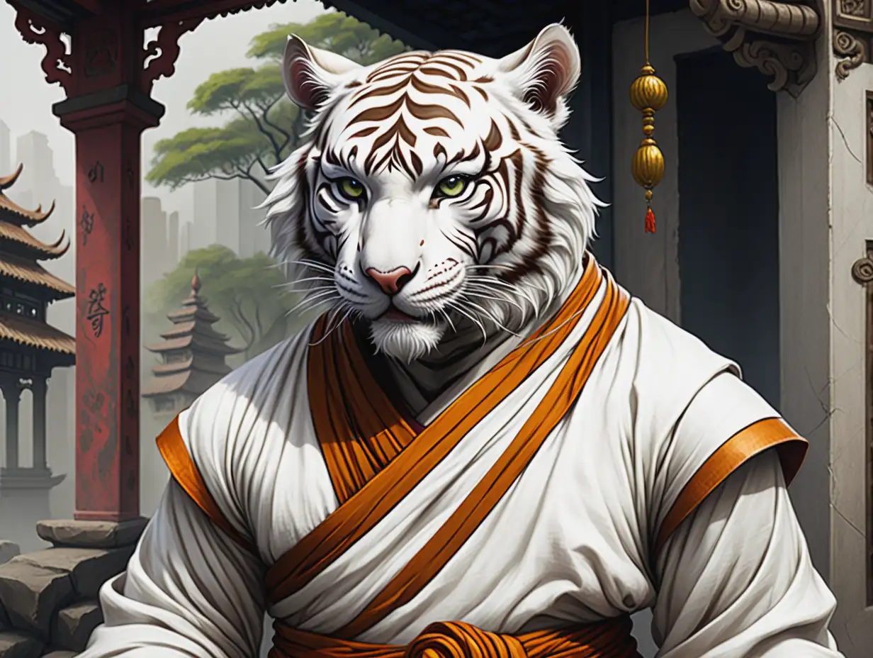 An anthropomorphic white tiger dressed as a monk