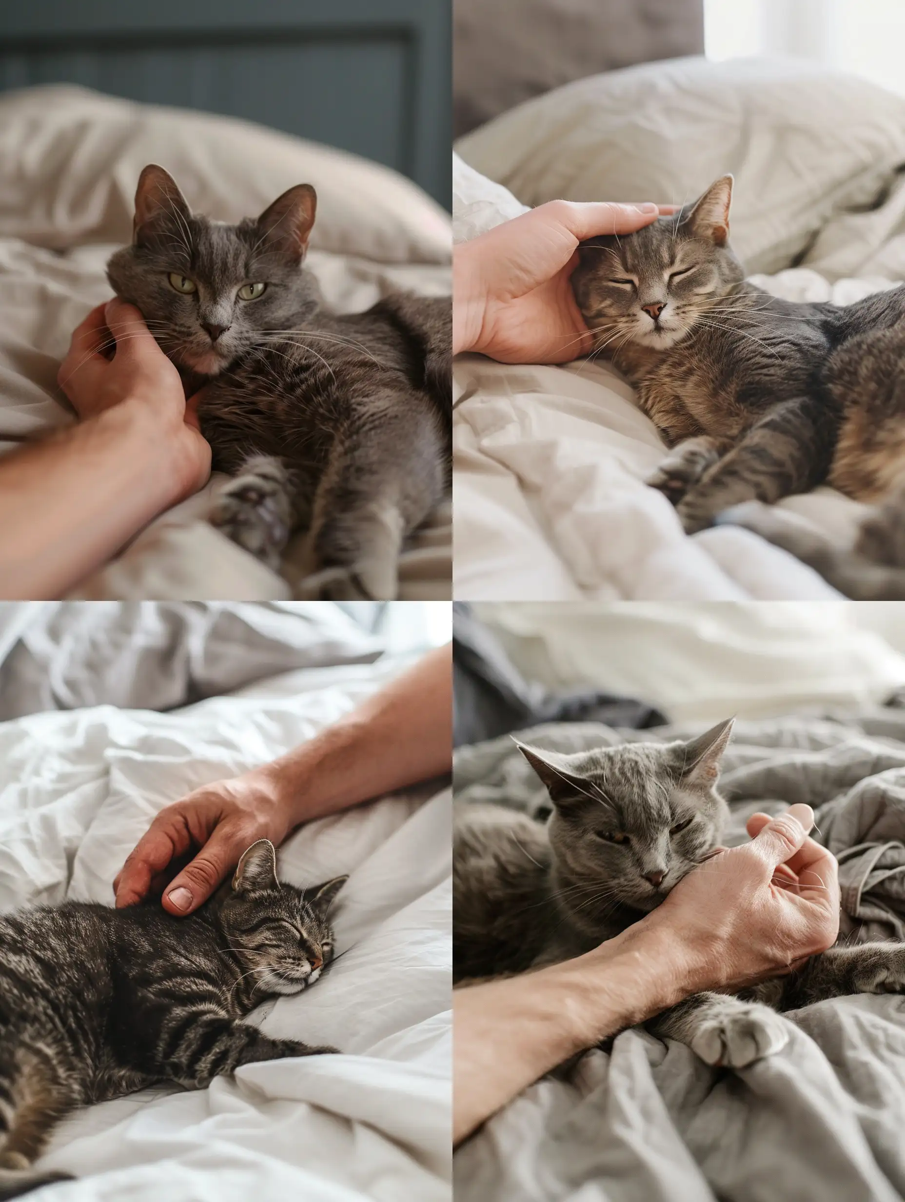A man's hand petting a grey cat, in bed, light brown skin 