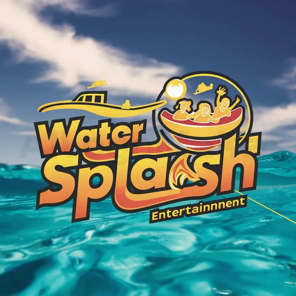 a logo design,with the text "Water Splash", main symbol:Floater dragged by a boat with people, warm colors, the sea during the day,Moderate,be used in Entertainment industry,clear background