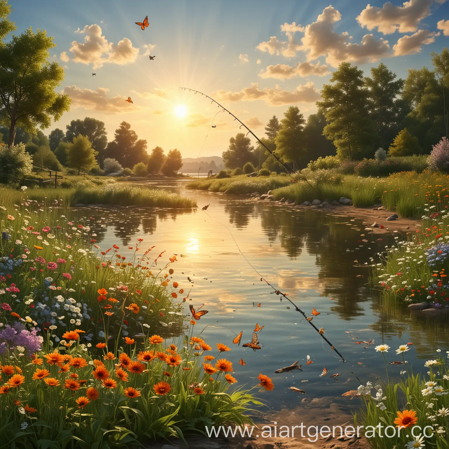 Сгенерируй картинку летнего пейзажа, на которой должно быть: солнце, удочка, рыба, бабочки, цветы