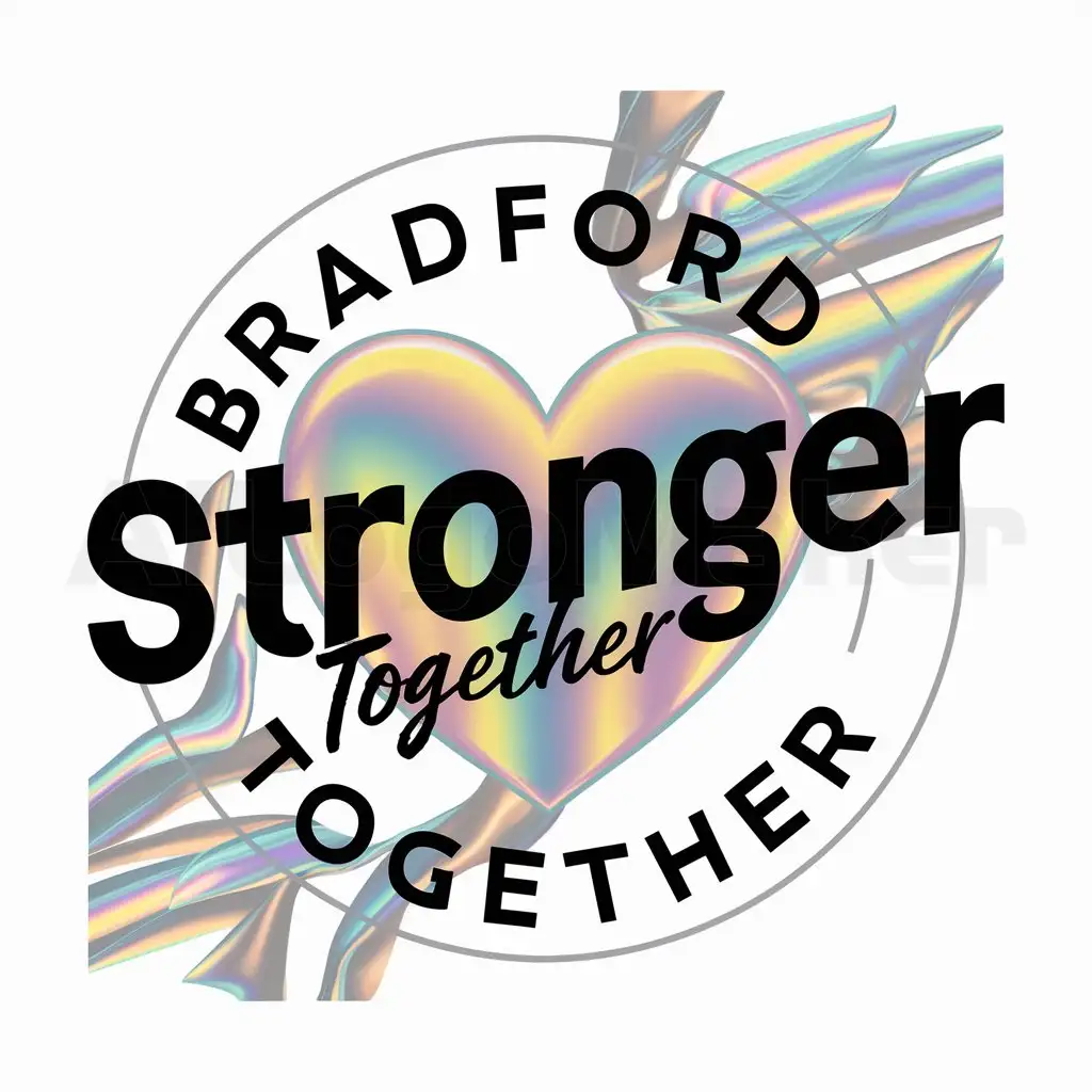 a logo design,with the text "Bradford Stronger Together", main symbol:Bradford Stronger Together inside the circle with the rainbow iridescent heart. Slogan Connect Support Unite,Moderate,clear background