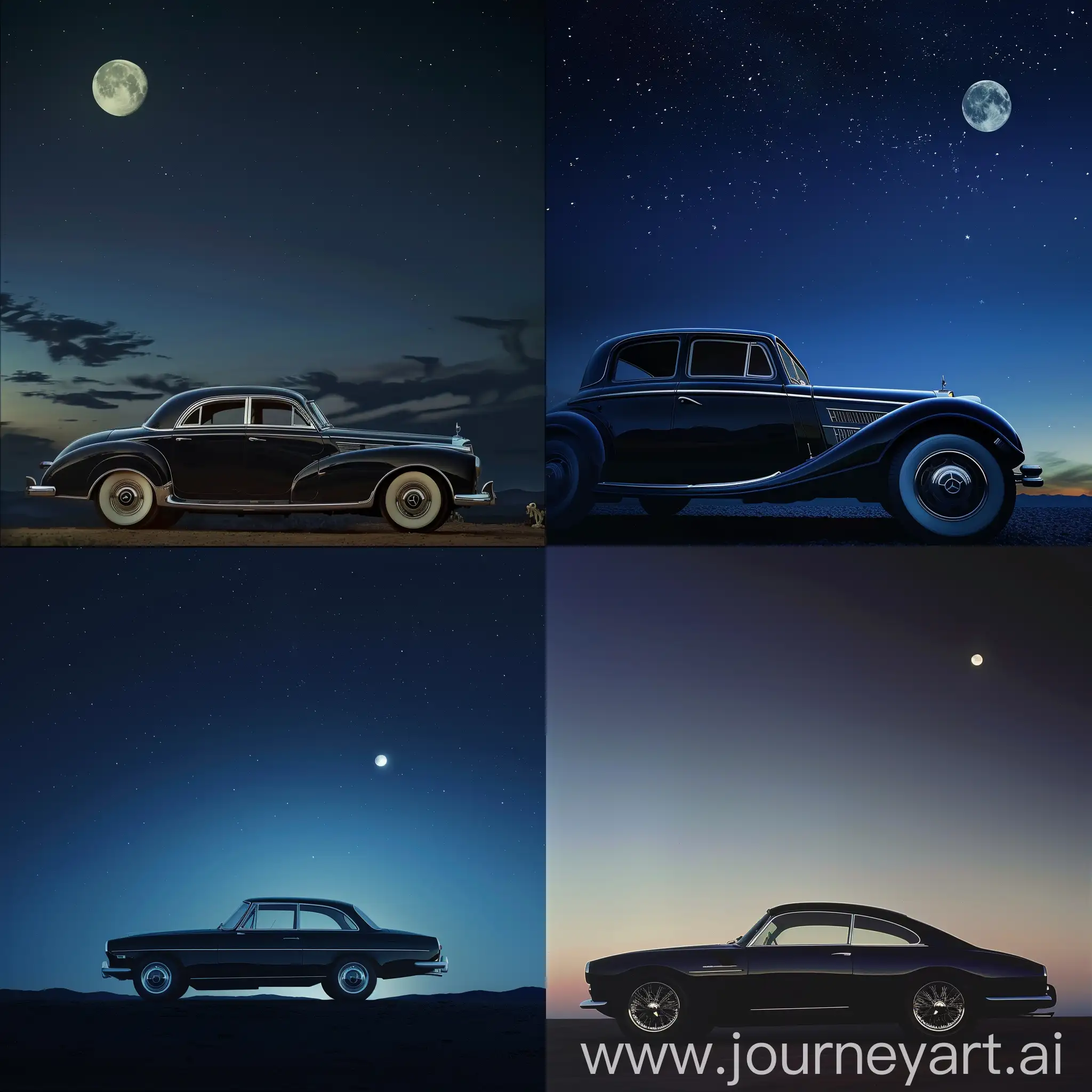 An elegant car stands against the background of the moonlit sky