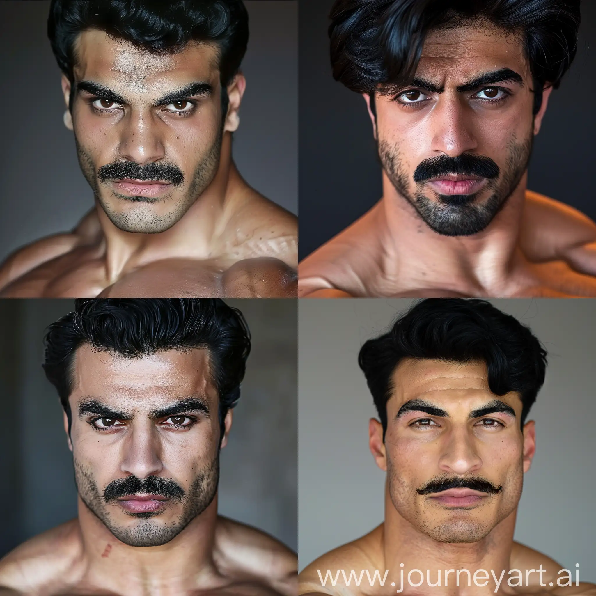 Красивый смуглый иранский парень-бодибилдер с чёрными волосами, карими глазами и усами 
