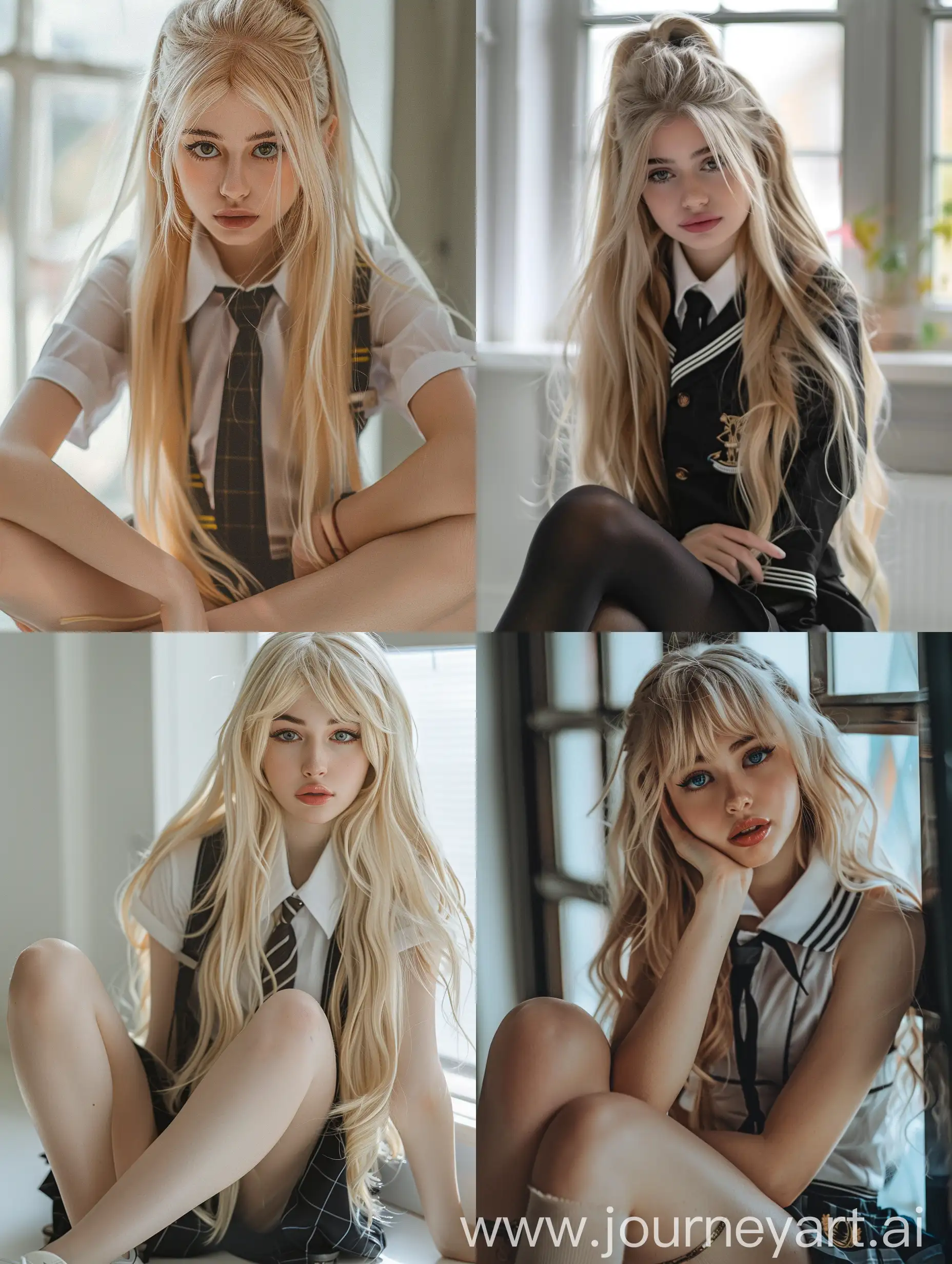 1 girl, long blond hair, 18 years old, influencer, beauty,   in the school, school uniform, makeup, , fullbody, fitness, sitting, crossed legs, down view