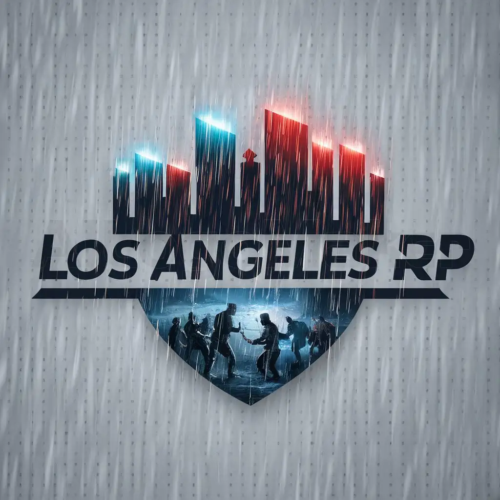 a logo design,with the text "A logo design with the desk 'Los Angeles RP'", main symbol:Skyscapers flashing red and blue lights with an intense battle of police and criminals with rain pouring down from the sky,Moderate,be used in Others industry,clear background,Moderate,be used in Others industry,clear background