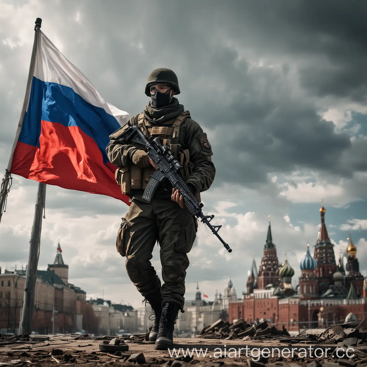 Военный на фоне флага России