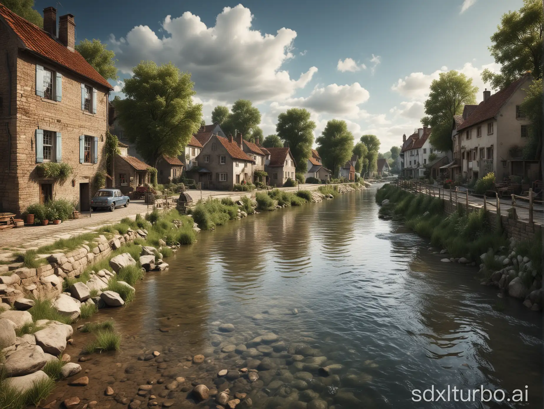 create a photo of a picturesque and clean river scene in the middle of a village using hyper realistic photography