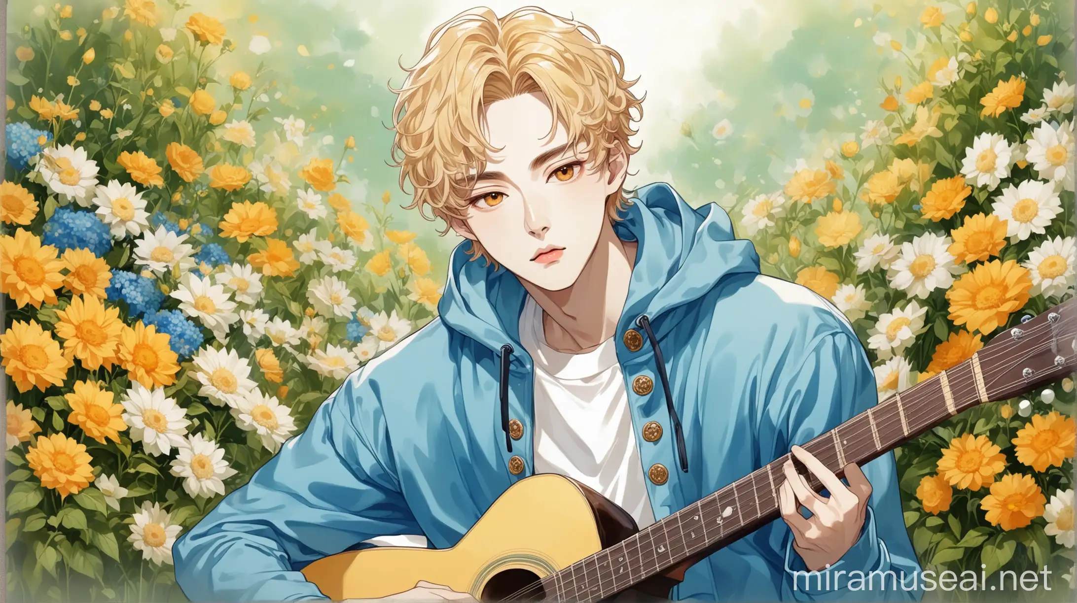 "A very cute classic elegant looking Korean kpop male idol in blue hoddie jacket white tshirt and white pant with (Facial features: blonde wavy hair,amber eyes, fuller upturned lips, straight slim button nose, puppy monolid eyes, oval diamond jawline small face, soft angle shallow arched eyebrows ) sitting in chair singing and holding guitar, background a beautiful aesthetic flower garden, whole body view from front