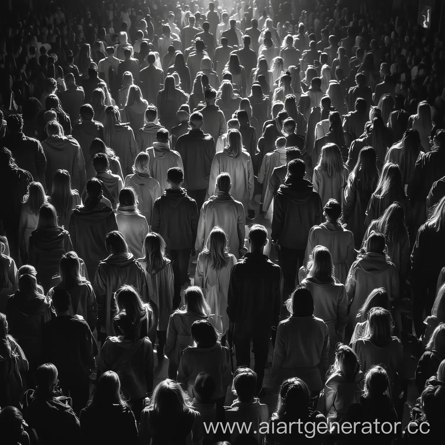 Monochrome-Crowd-in-Radiant-Light-Diverse-Attire-Illuminated