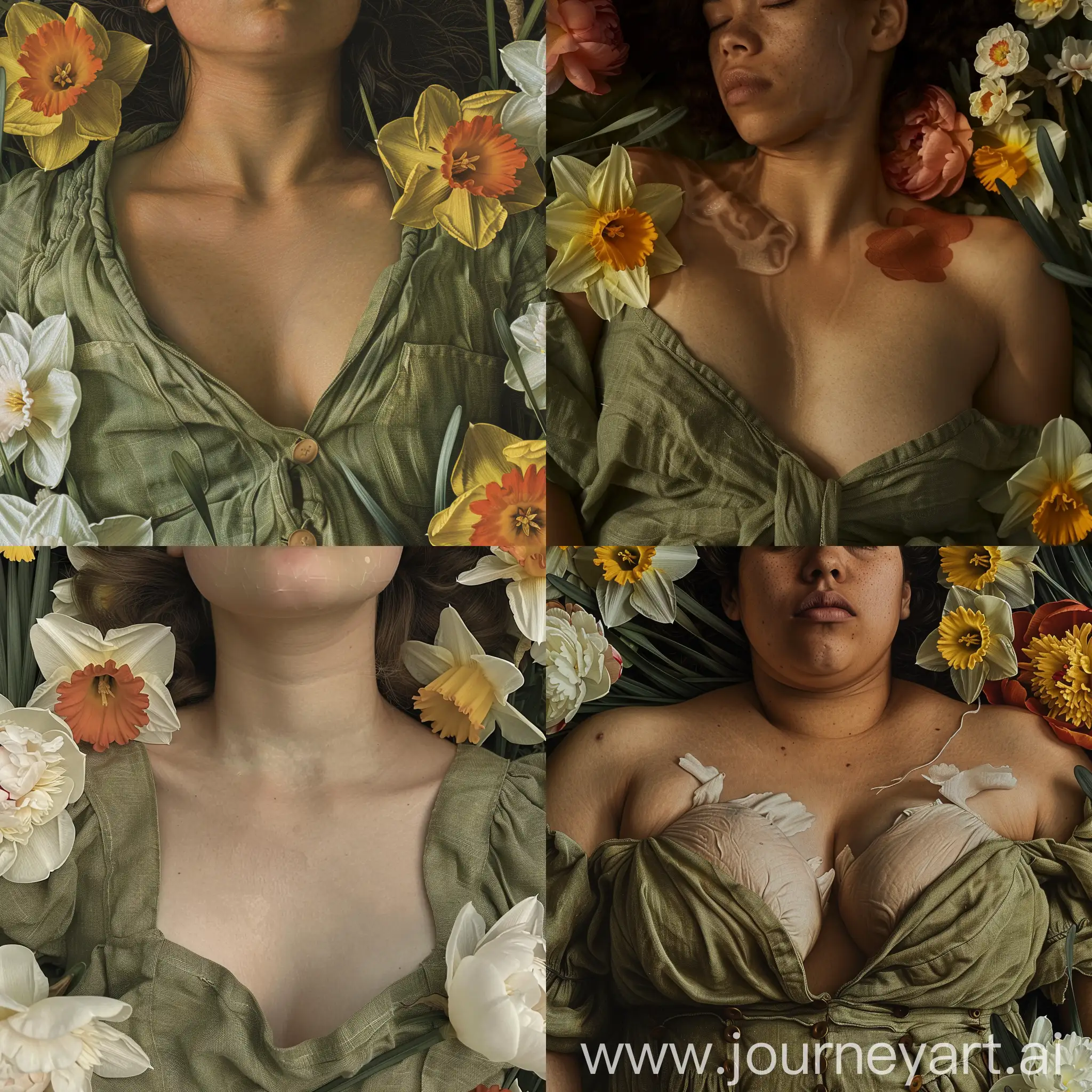 Lena, a worker, is lying in a linen green dress in a field of peonies and daffodils, sleeping. the face is shown close, the chest is large