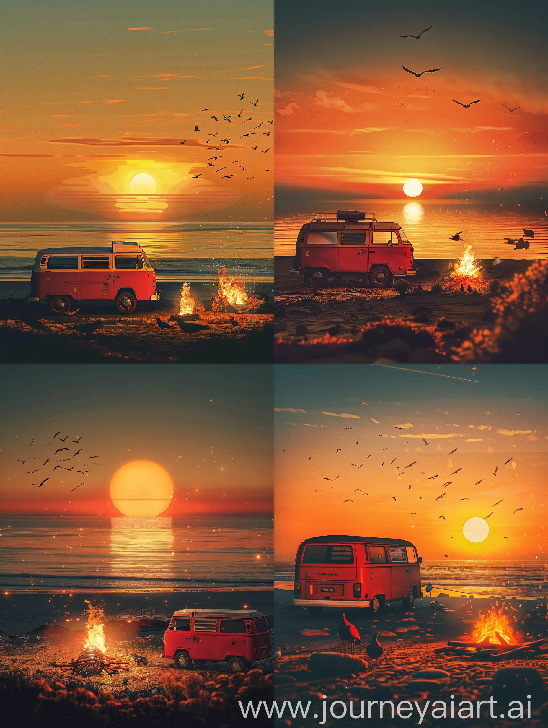 A serene and picturesque evening at a beach with a red vintage van parked near a roaring bonfire. The sun is setting, casting an orange sky, Night sky,Silhouettes of birds are seen against the backdrop of the sun,Visual art, Digital art illustration