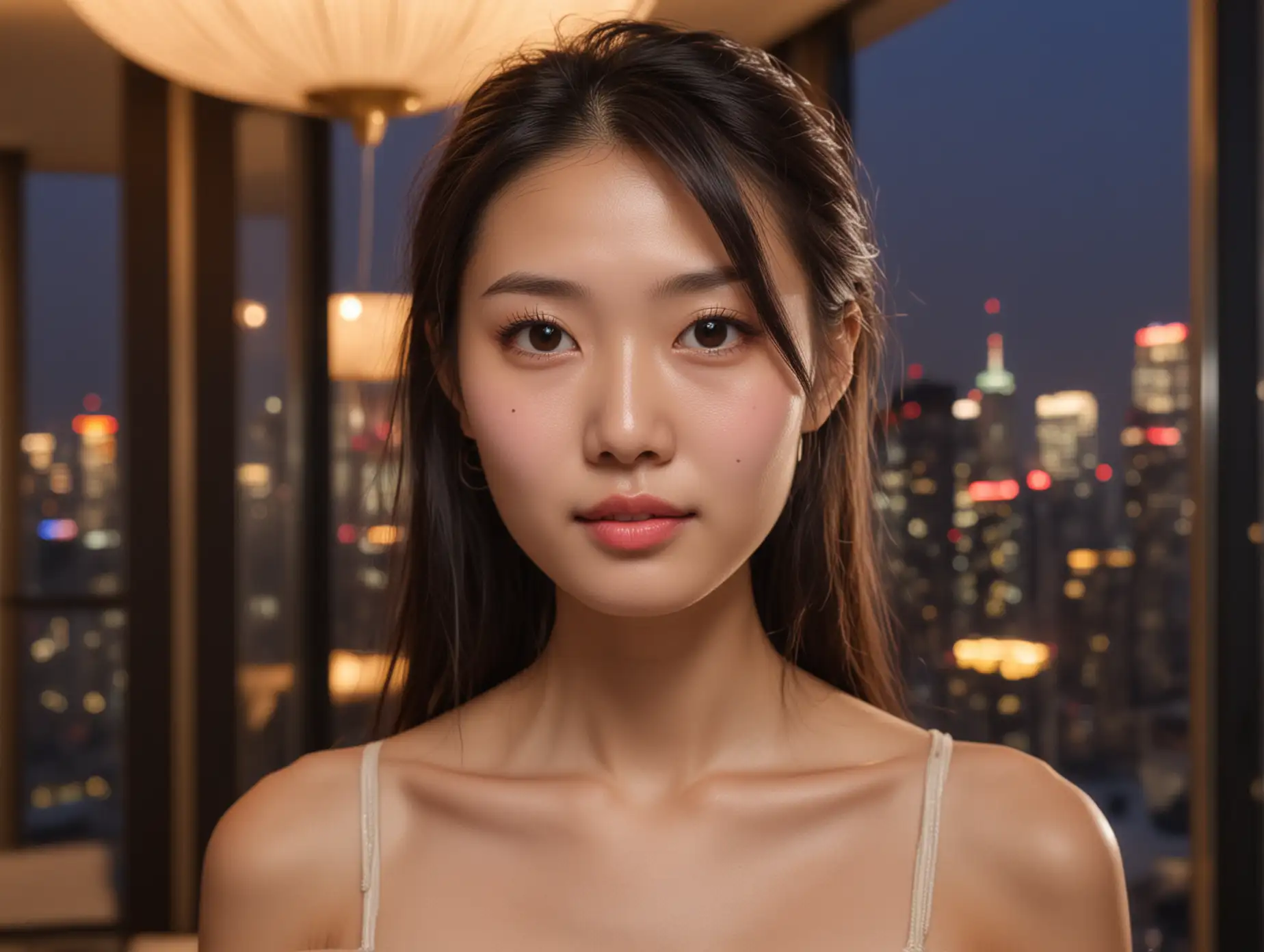 Close up face of a tall skinny sweet Chinese young woman with kind soulful eyes at a party in a luxury high-rise penthouse at dusk