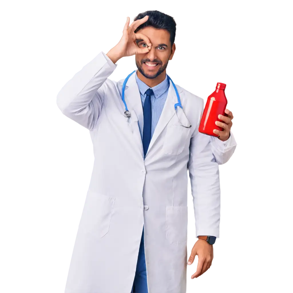 доктор в белом халате с бутылкой кетчупа в руке