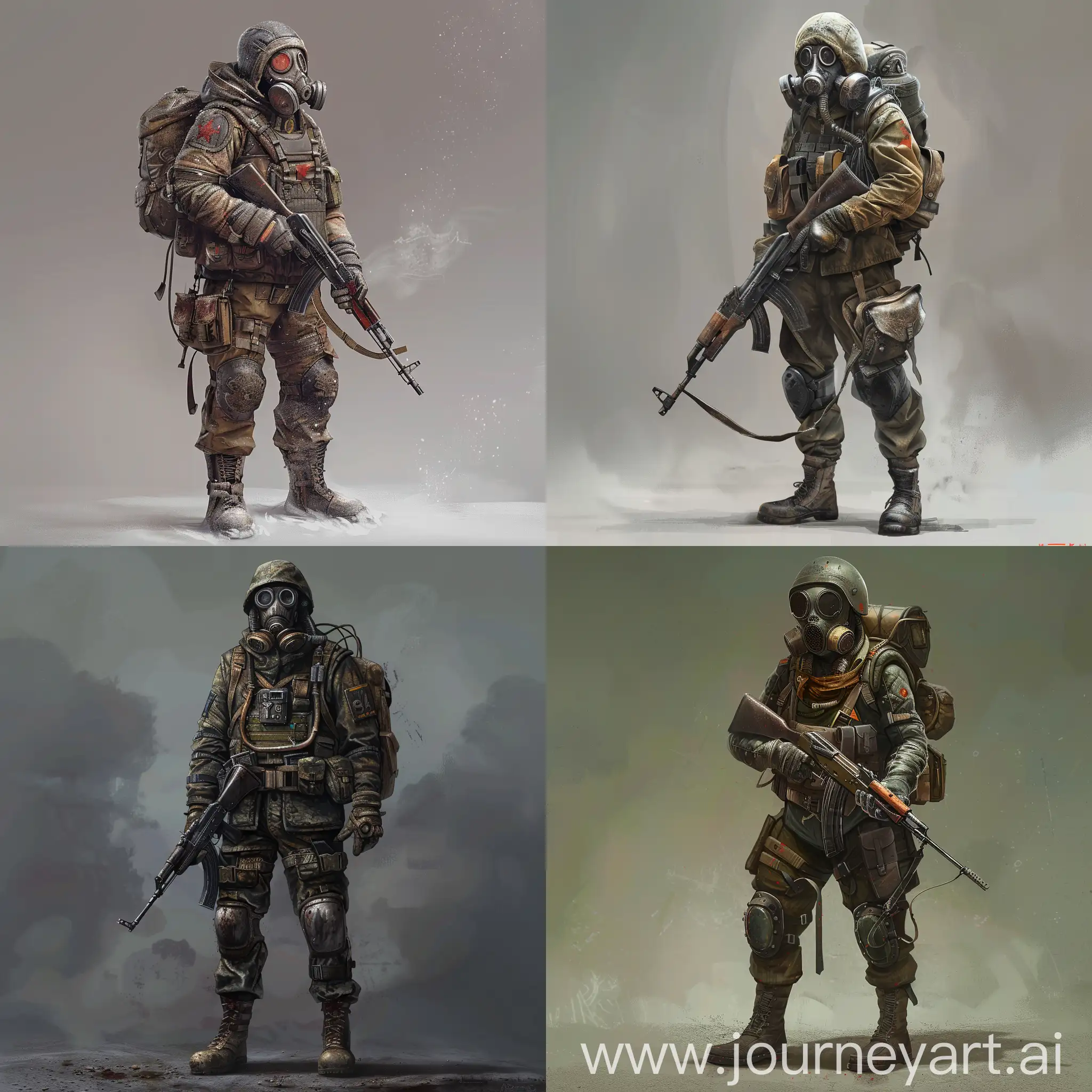 concept design art of the character, a ranger of the Order of Sparta from the Metro 2033 universe in full armor of against radiation danger, in a gasmask from the Soviet era, in his hands an AK-47, on his back a small military backpack.