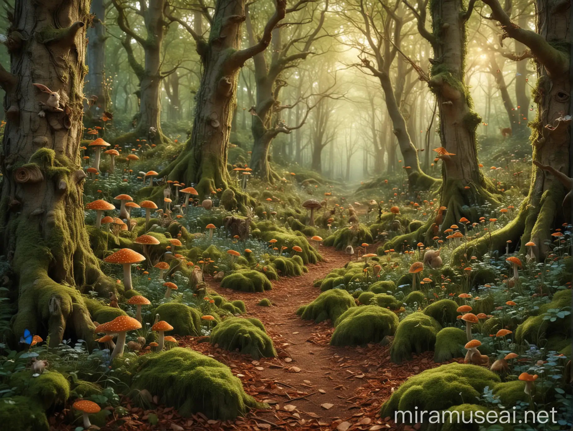 magical forest with small woodland creatures and gorgeous trees