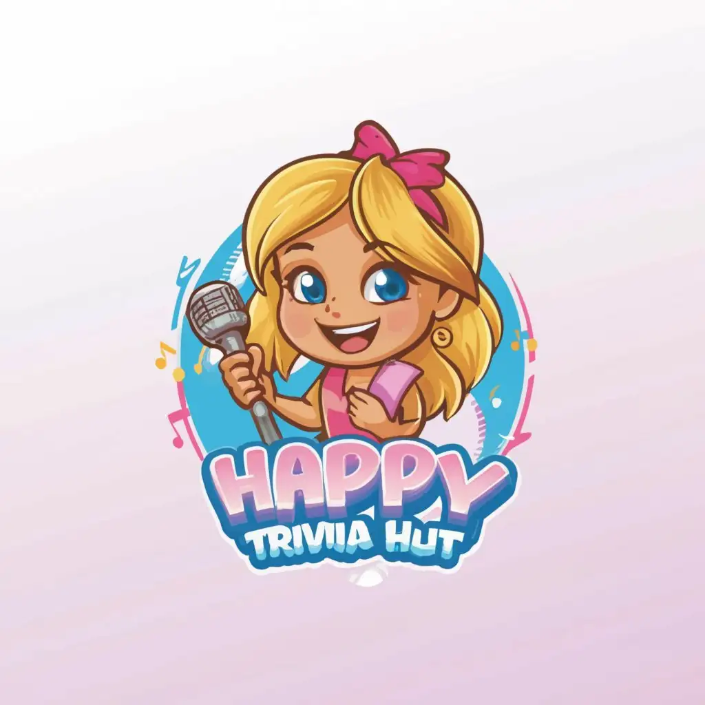 LOGO-Design-For-Happy-Trivia-Hut-Cheerful-Girl-with-Book-and-Microphone-in-Vibrant-Cartoon-Style