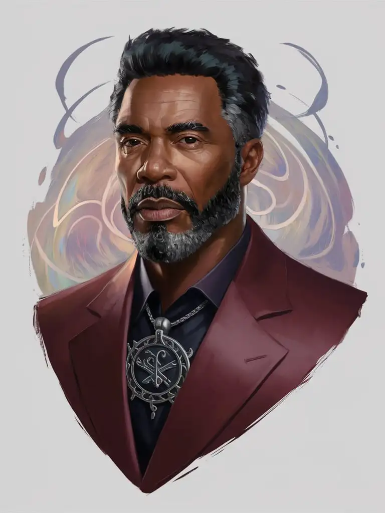 Handsome African American man, realistic portrait, loose painterly style, simple abstract background, mid-50s, black beard with flecks of grey, maroon suit, classy, magic amulet with sigils around his neck