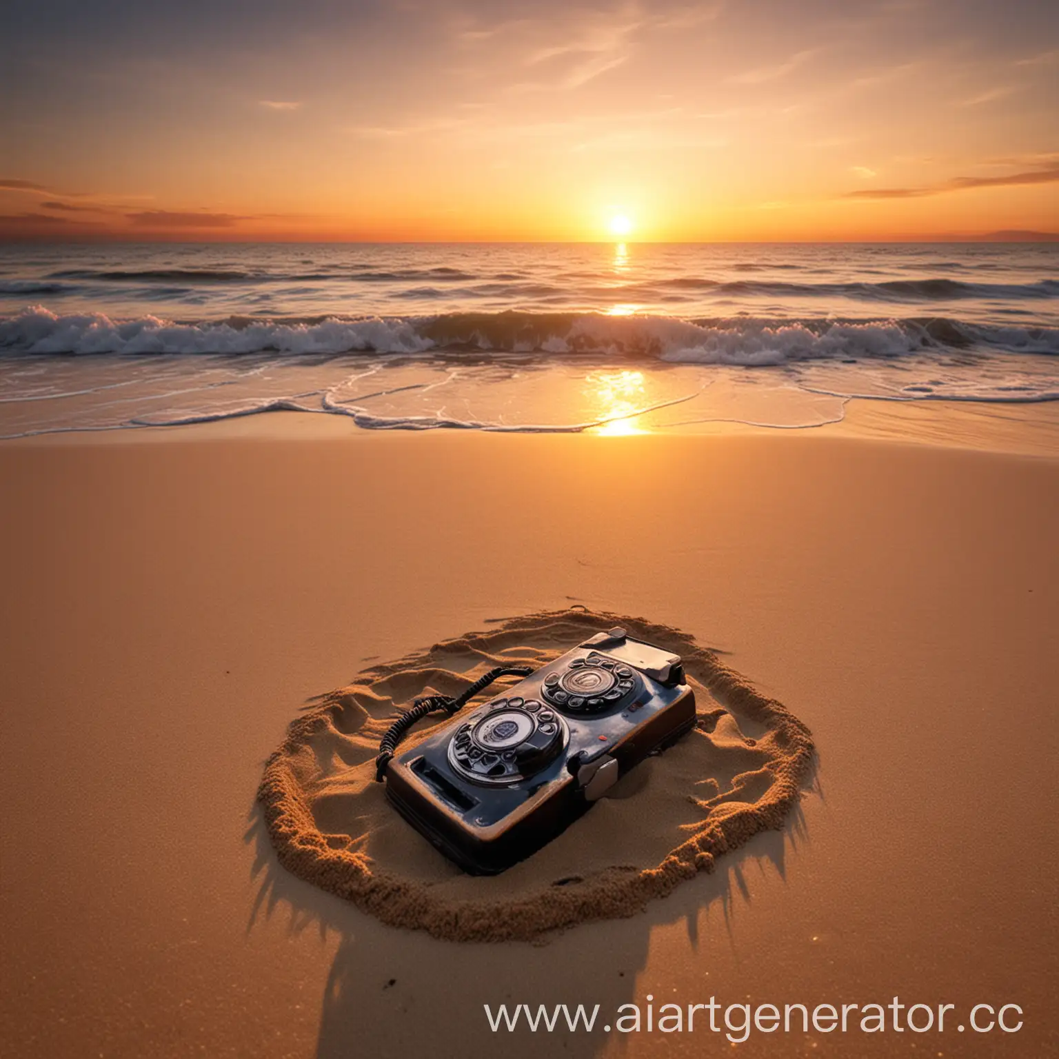 Picture-Telephone-in-Sand-Captures-Sunset-on-Sea-4K-Photographs