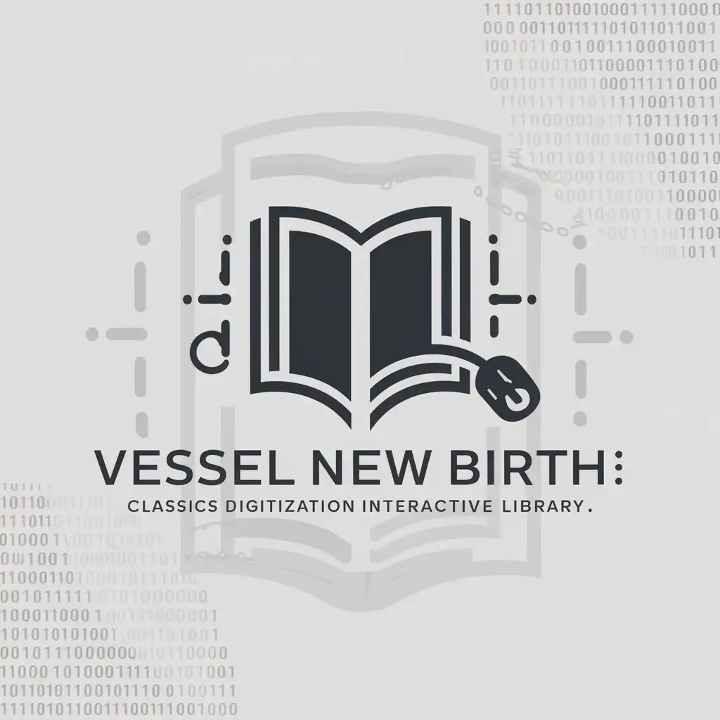 a logo design,with the text "Vessel new birth: Classics digitization interactive library", main symbol:books, technology, library,Moderate,be used in culture industry,clear background