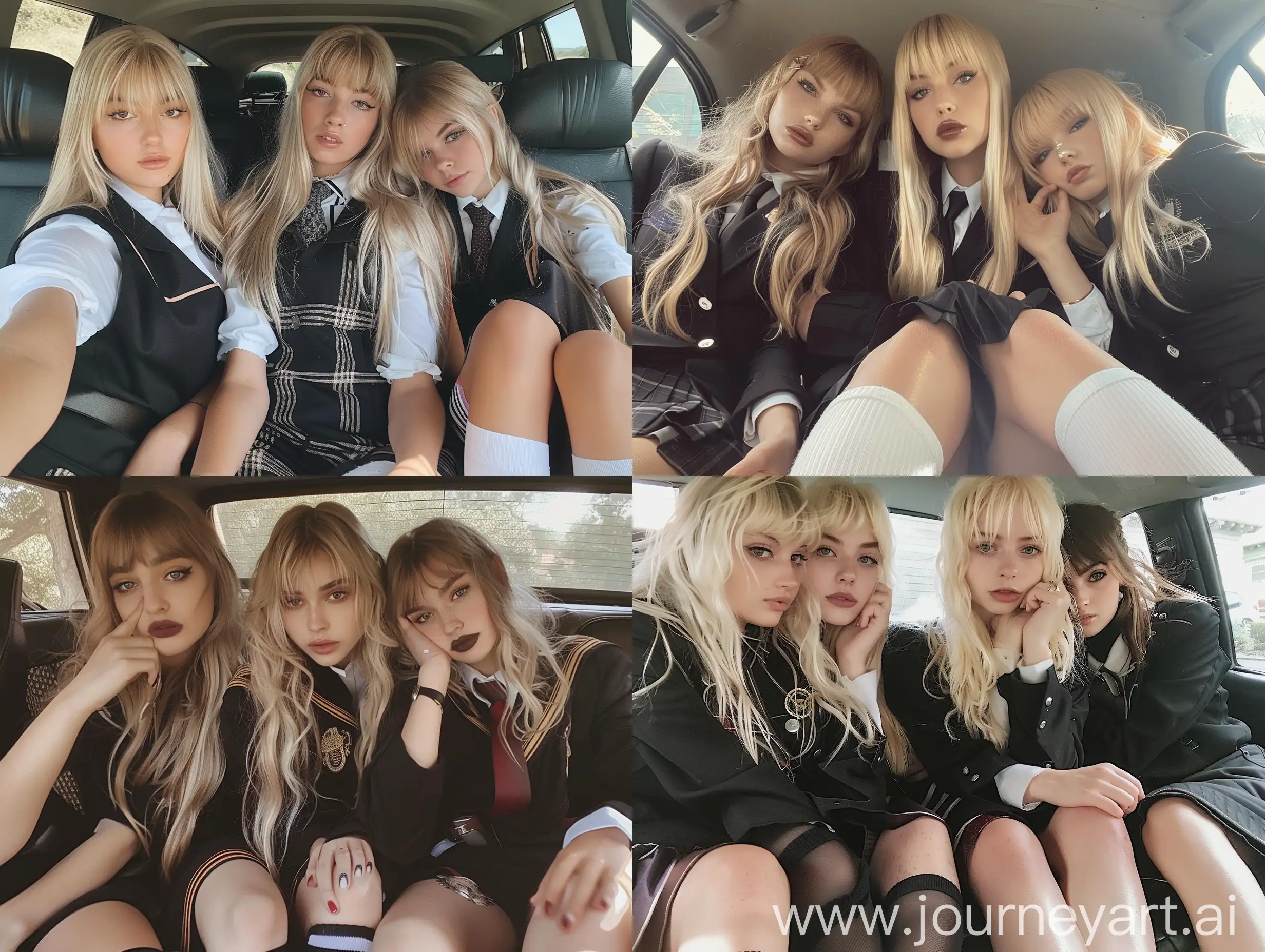 3 girls, long blond hair ,bangs, fringed hair, 22 years old, inside car, influencer, beauty ,, black rbd school uniform, makeup,, sitting on car , socks and boots, no effect, , no filters ,  iphone photo natural