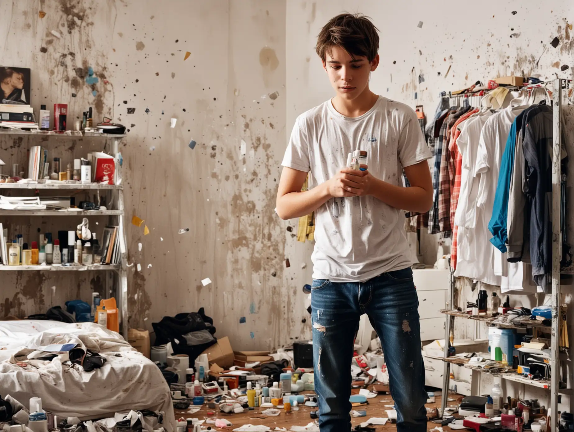 A teenage boy standing in his messy room spraying himself eagerly with cheap cologne