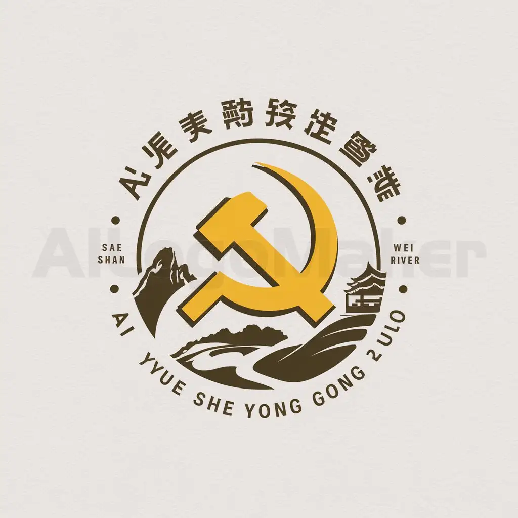 a logo design,with the text " Ai Yue Social Work
(Note: This appears to be a proper noun or name in Chinese, so it has been transliterated directly.)", main symbol:Communist Party emblem, Tai Shan, Wei River, circular,Moderate,clear background