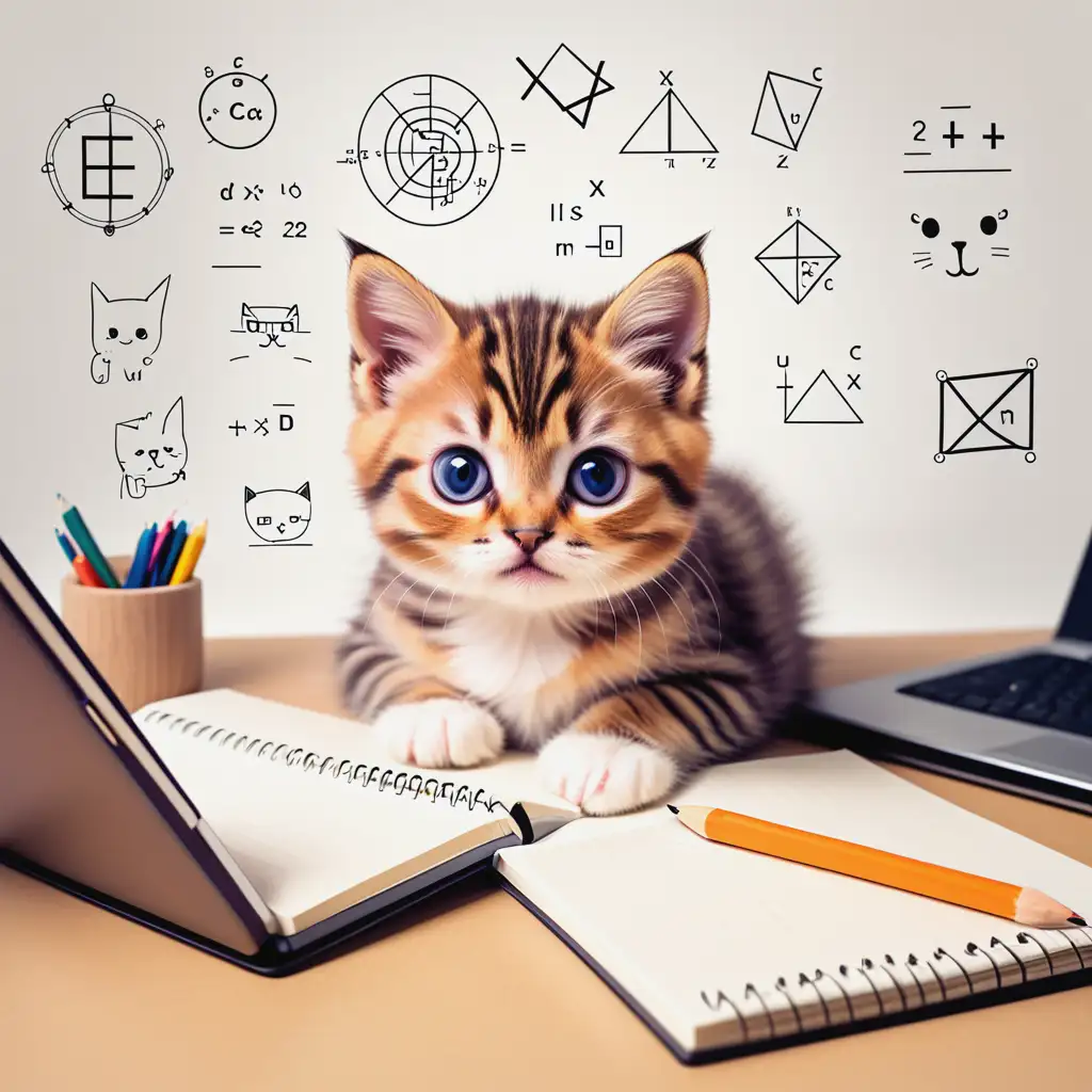 about cute cat pictures related to technology and math elements, used as a logo, and relevant to notes
