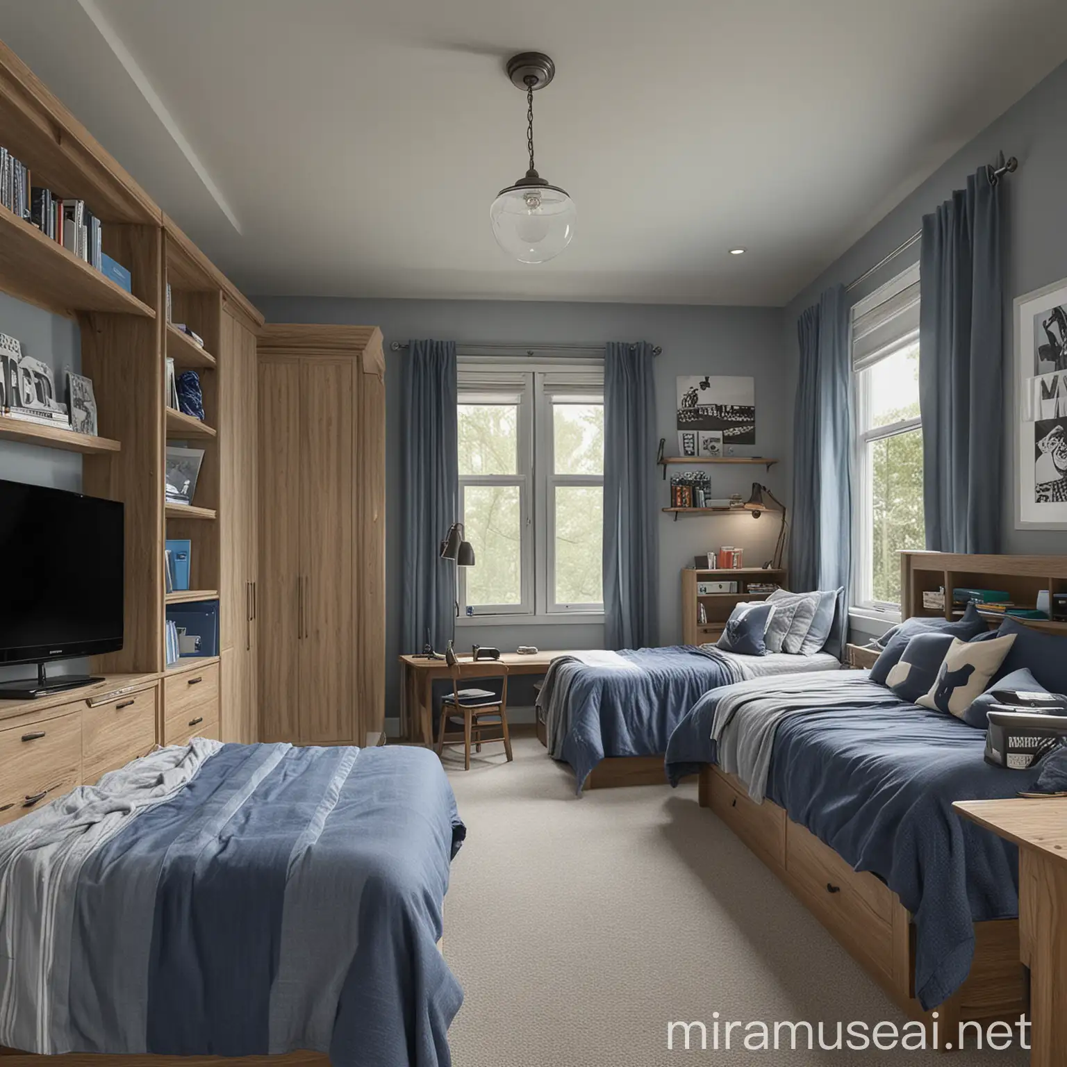 A boys bedroom, with two twin beds, desks for homework, wood wardrobe and a tv
also teamed with the colors grey and blue
