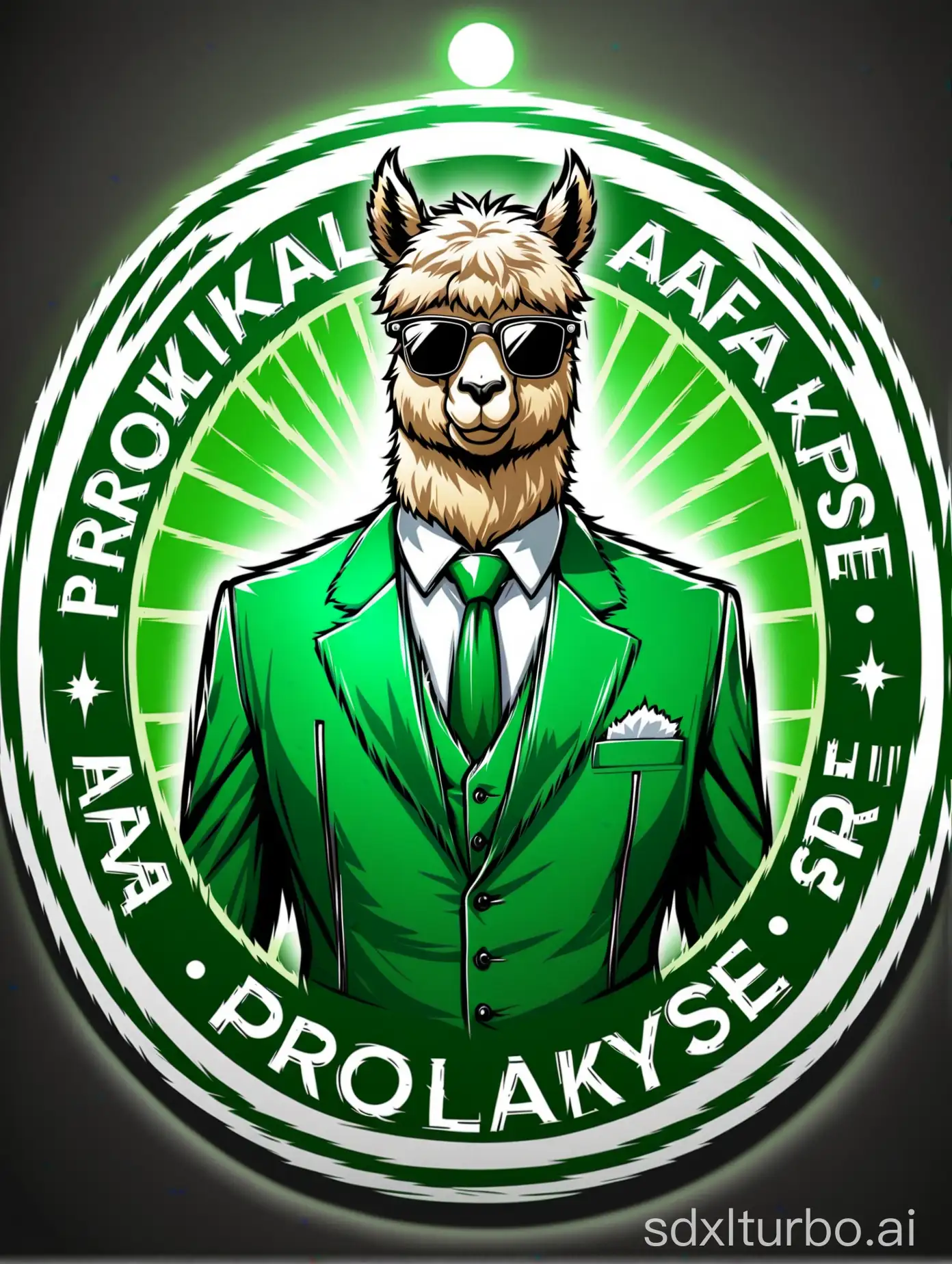Create round logo in a realistic human-like presenter character: handsome alpaca in a mafia suit and have a white border with the word "Provokalypse" written in green.
