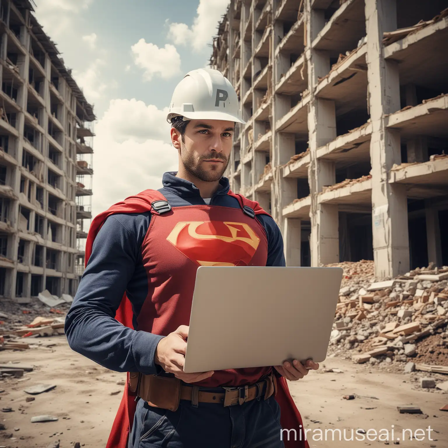 Erstelle bitte einen Mann im Superheldenkostüm, mit Laptop in der Hand, Bauhelm auf dem Kopf, vor eine Baustelle eines Wohnhauses. Der Superheld hat ein Schild in der zweiten Hand, auf diesem steht: "
