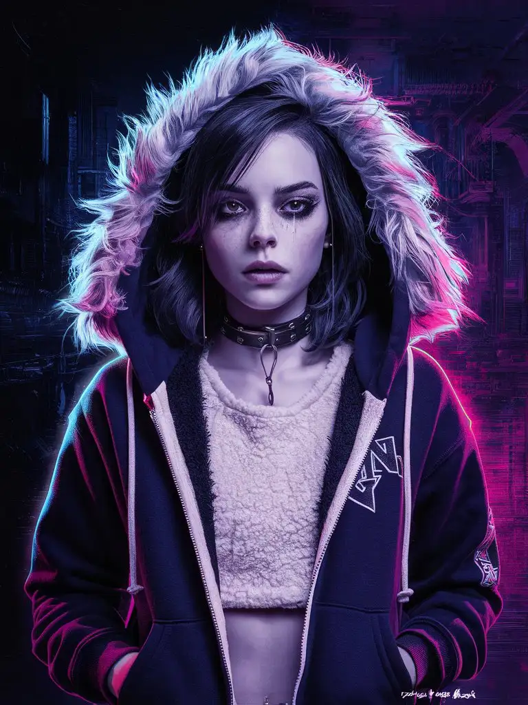 Edgy-Teen-Cyberpunk-with-Fluffy-Fur-Trim-Hoodie-and-Choker-in-Neonpunk-Setting