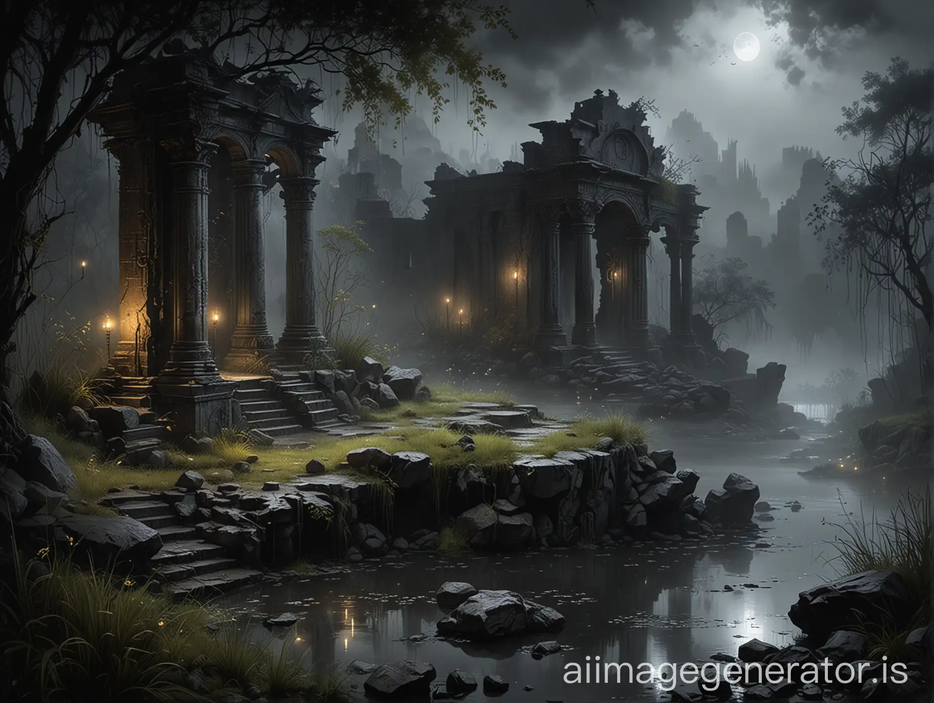 luis royo inspired dark backdrop,  foggy, rainy weather, ancient ruins, dark gloomy gardenscape, a wet rock by the pond, nightime, fireflies