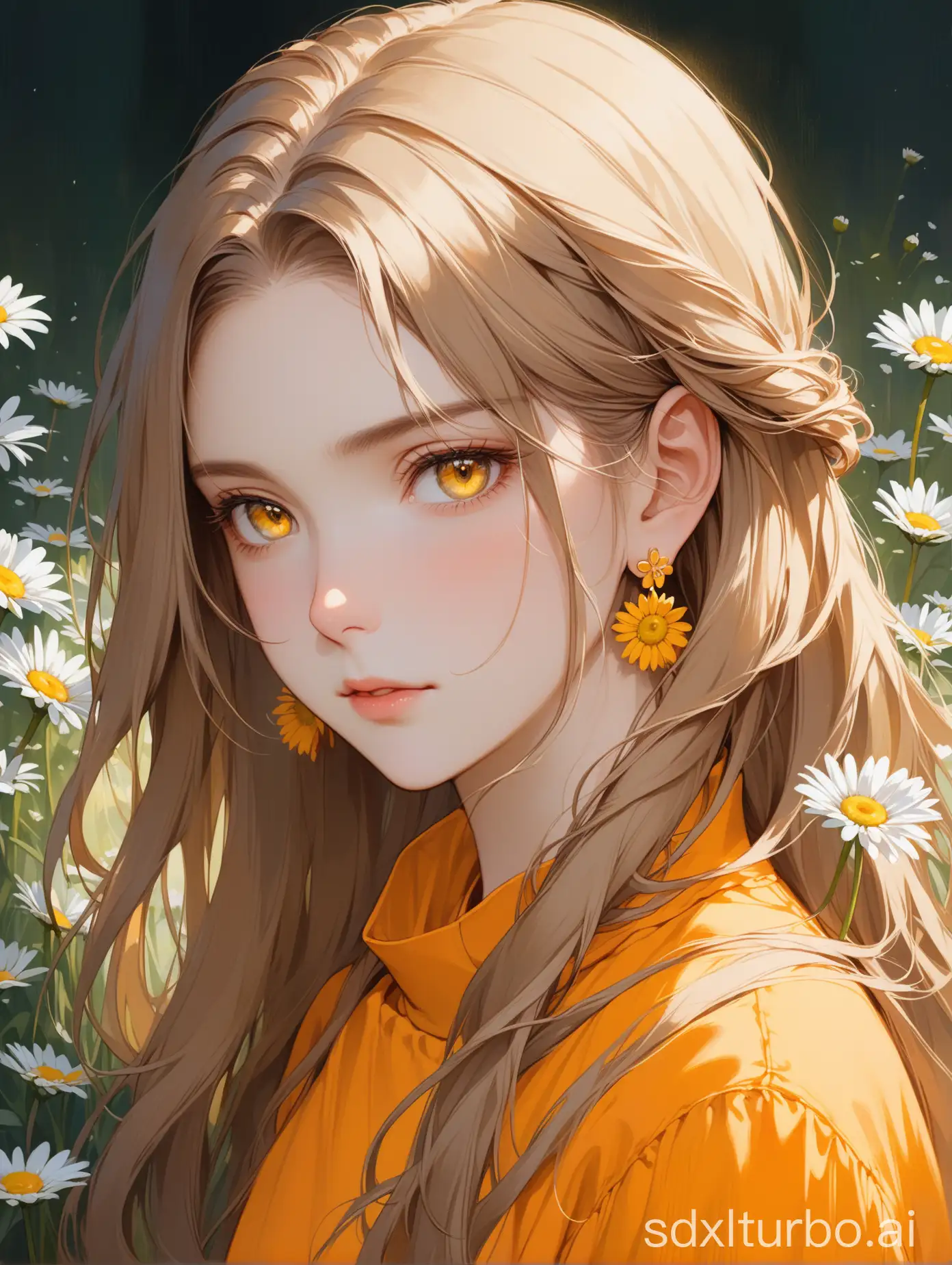 Top quality, masterpiece, a girl, light brown long hair, slightly curled hair, yellow earrings, neckband, (orange clothing), (exquisite depiction of hair), (exquisite depiction of yellow eyes), (exquisite depiction of facial features), solo, (daisies), portrait description, sense of brokenness