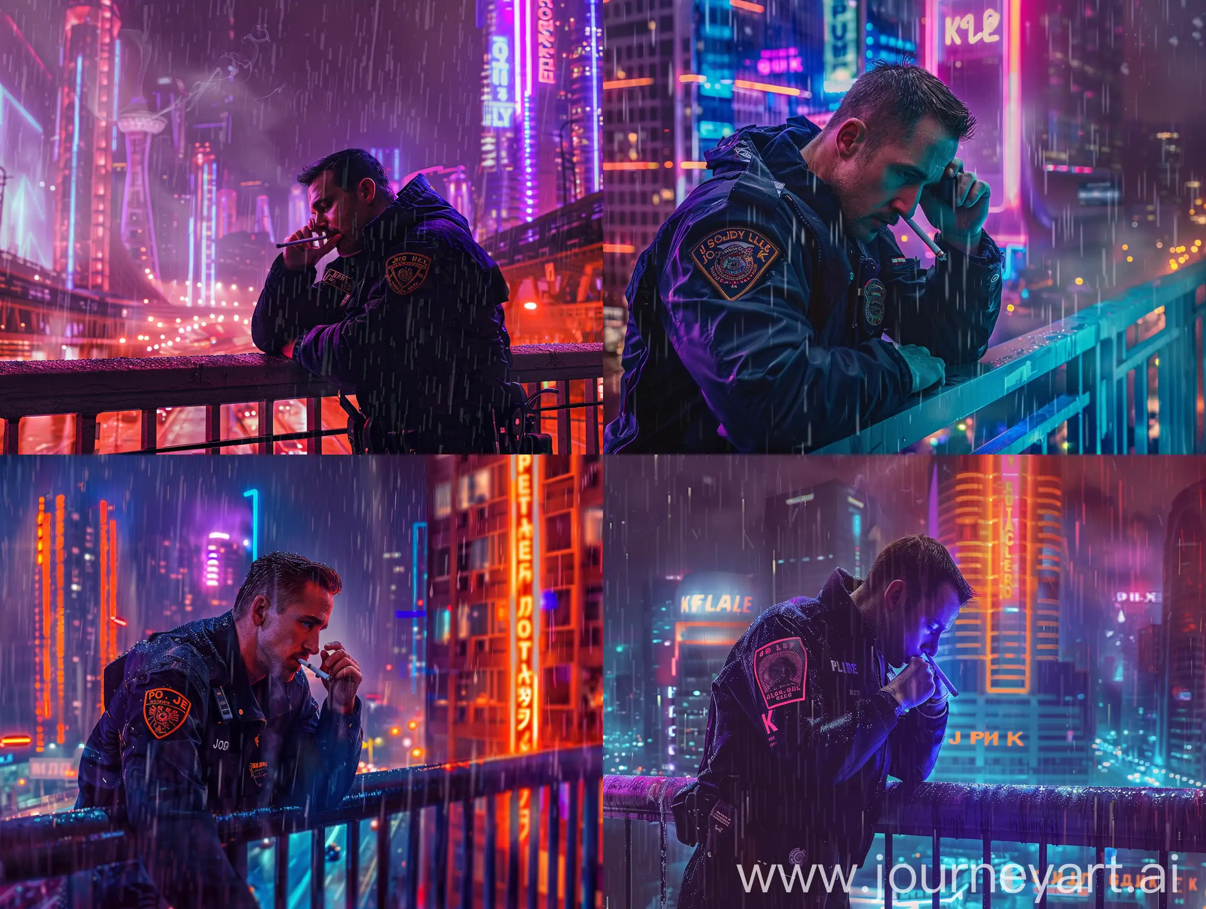 LAPD officer K (Joe) (Ryan Gosling) smokes leaning on a balcony against the background of post-Soviet high-rise  neon buildings that are built in the style of Cyberpunk 2077, Russian night city, it's raining on the background, cinematic, grainy