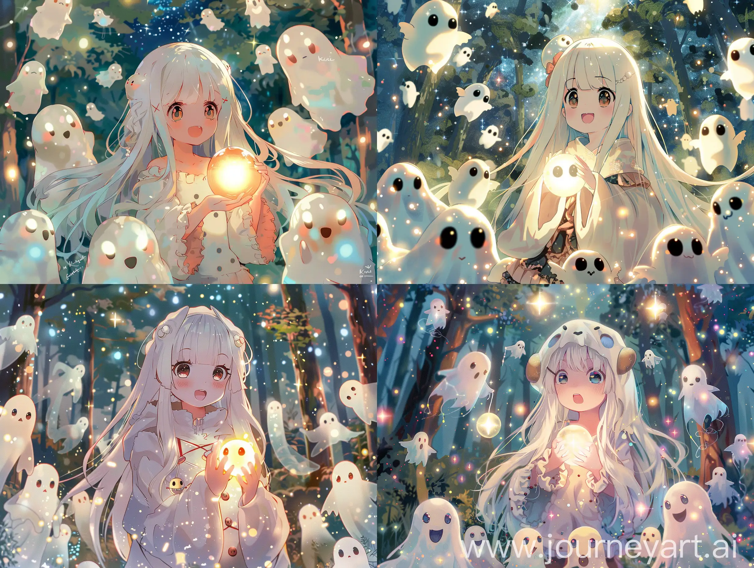 A cute white anime girl with long hair, dressed in a ghost costume and holding a glowing ball surrounded by many ghosts of different sizes. The scene has a starry night forest background with a colorful, cartoon style in the spirit of Kawaii aesthetic. Soft lighting brings out the girl's cute expressions in the high resolution portrait with detailed character design and high detail. The image has high quality, high definition and high contrast with bright colors and a vibrant color scheme. Vivid strokes capture the natural light in the full body, front view full shot.