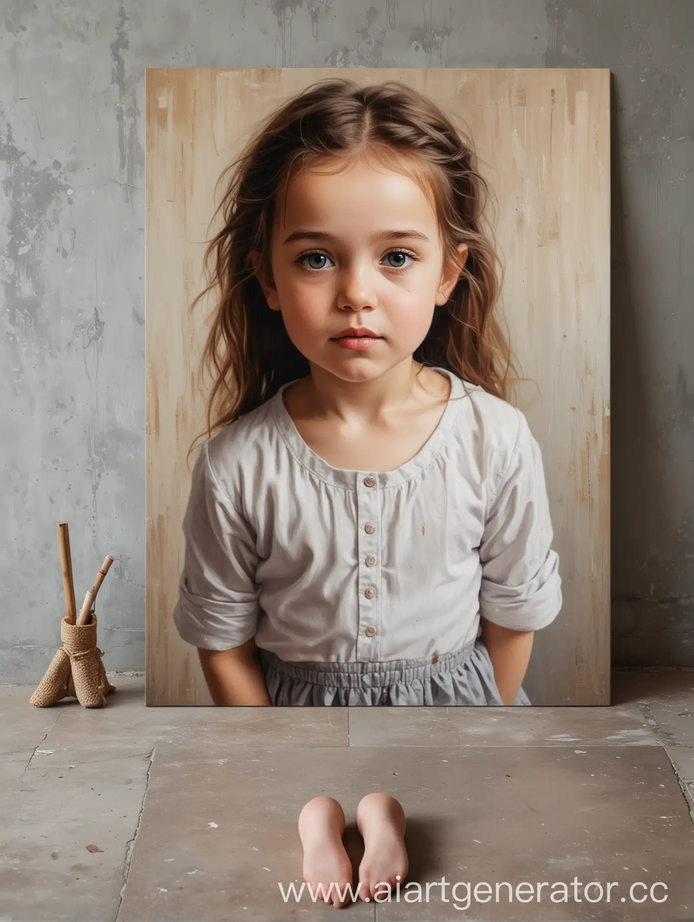 A portrait on canvas measuring 50x70 cm stands on the floor next to the girl