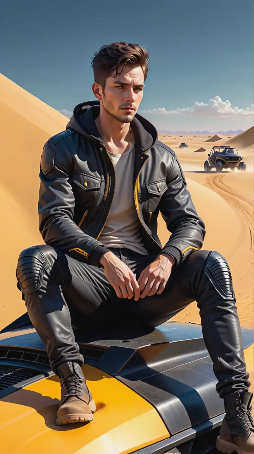 帮我画一个男人坐在一辆越野车引擎盖上，穿黑色夹克，未来世界，磨砂美颜，冷漠，磨砂质感，西部大片，漫天黄沙