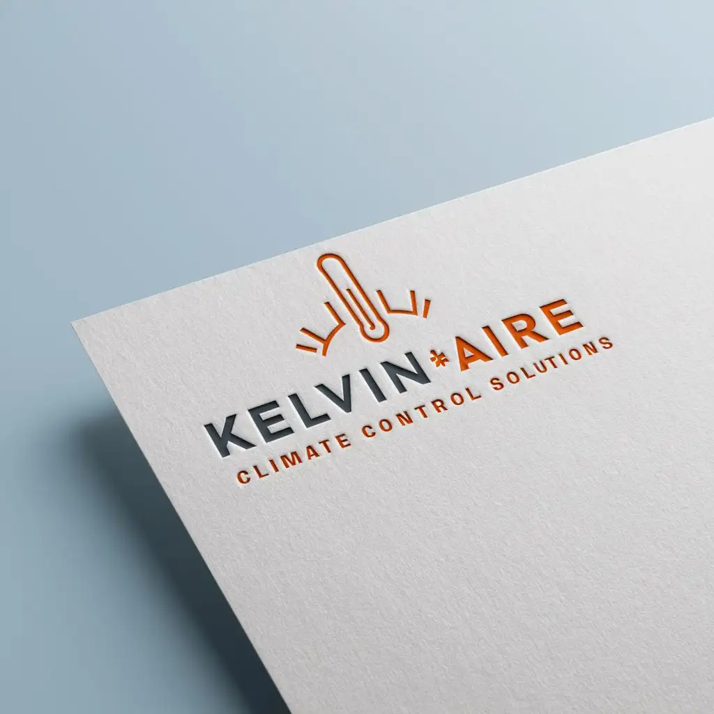 a logo design,with the text "KelvinAire Climate Control Solutions", main symbol:Our brand focuses on heating, cooling, ventilation, and refrigeration services.nnKey Requirements:n- Minimalist Approach: I am looking for a logo that embodies a minimalist style, ensuring it is clean, modern, and professional. this logo should include a  This Climate theme. preferred colors baby blue and orange. must be a logo on a white paper mockupnnKey Requirements:n- Minimalist Approach: I am looking for a logo that embodies a minimalist style, ensuring it is clean, modern, and professional. this logo should include a  This Climate theme. preferred colors baby blue and orange. must be a logo on a white paper mockup,Moderate,clear background