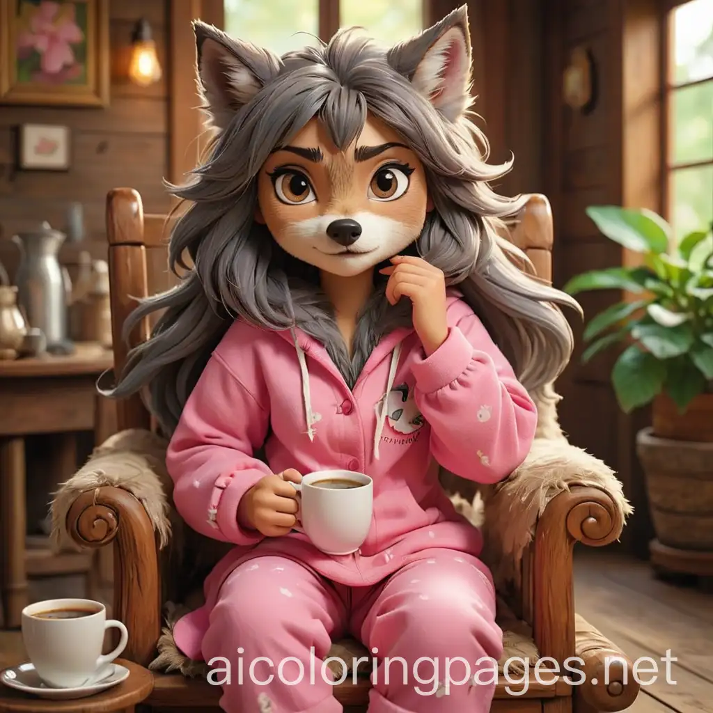 This whimsical and vibrant vector illustration showcases a Persian girl wolf in a cozy country house style setting. The she-wolf, dressed in adorable pink pajamas, exudes a cute but grumpy demeanor as she sits on a wooden chair. His fur is shaggy, and his ears are raised. The she-wolf holds a cup of steaming coffee in her paws, which smells warm and inviting. The typography boldly says: “Coffee is my life.” Set against an isolated white background, the artwork radiates a bright, unique and lively personality, seamlessly blending elements of fashion, illustration and typography for a truly captivating piece., Coloring Page, black and white, line art, white background, Simplicity, Ample White Space. The background of the coloring page is plain white to make it easy for young children to color within the lines. The outlines of all the subjects are easy to distinguish, making it simple for kids to color without too much difficulty