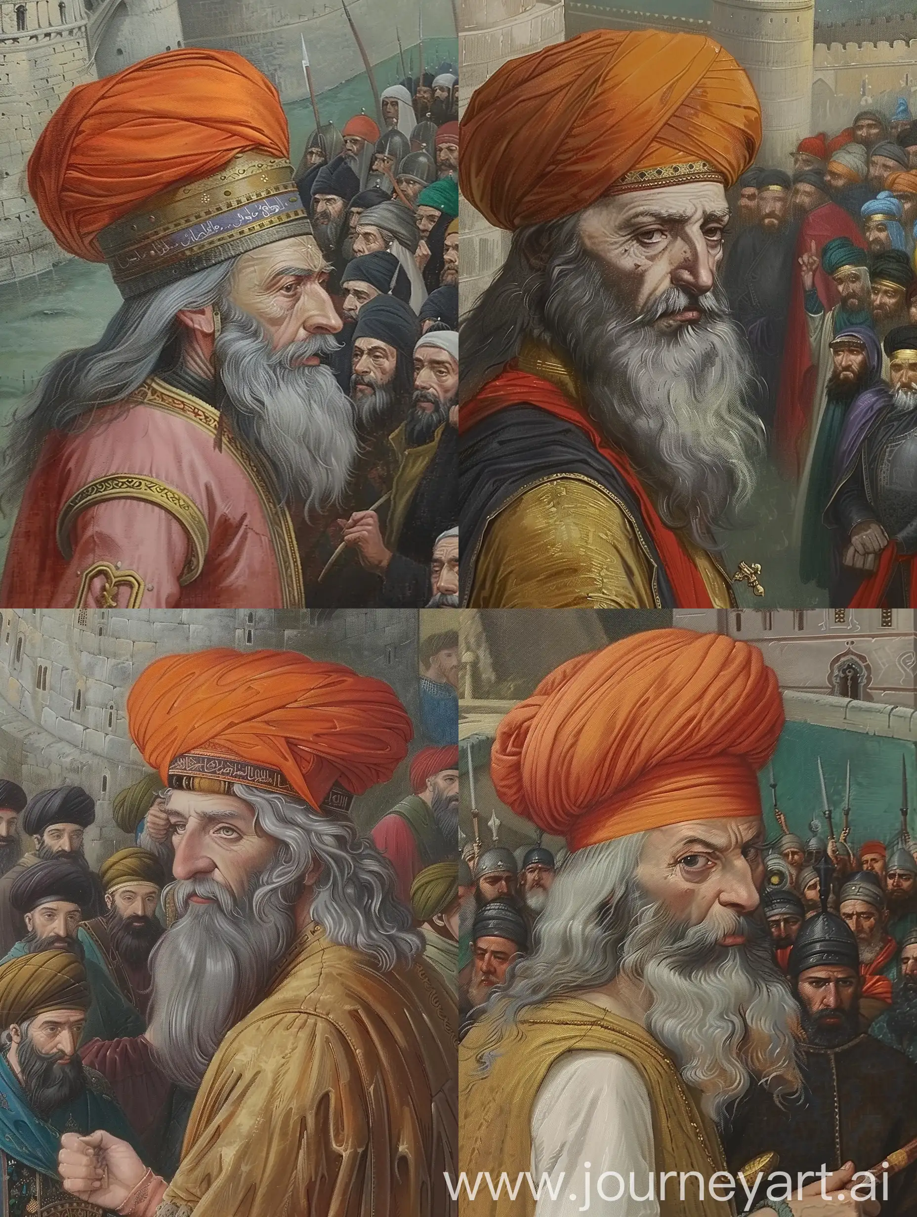 Create an image of Mesih Pasha, a Byzantine Greek Ottoman Pasha in his 50s. He has greyish hair, a curved nose, and a menacing expression. The painting should depict him in traditional Ottoman attire, including a hat similar to a turban, reflecting his status and heritage. Style the painting in the Renaissance manner, inspired by Leonardo da Vinci, with intricate details and a rich color palette that emphasizes his authoritative and formidable presence. The background should be subtle yet elegant, enhancing the historical and powerful aura of Mesih Pasha. He has a long grey beard. Its a hyper realistic oil painting. Islamic attire and an orange turban on his head. He looks wise.