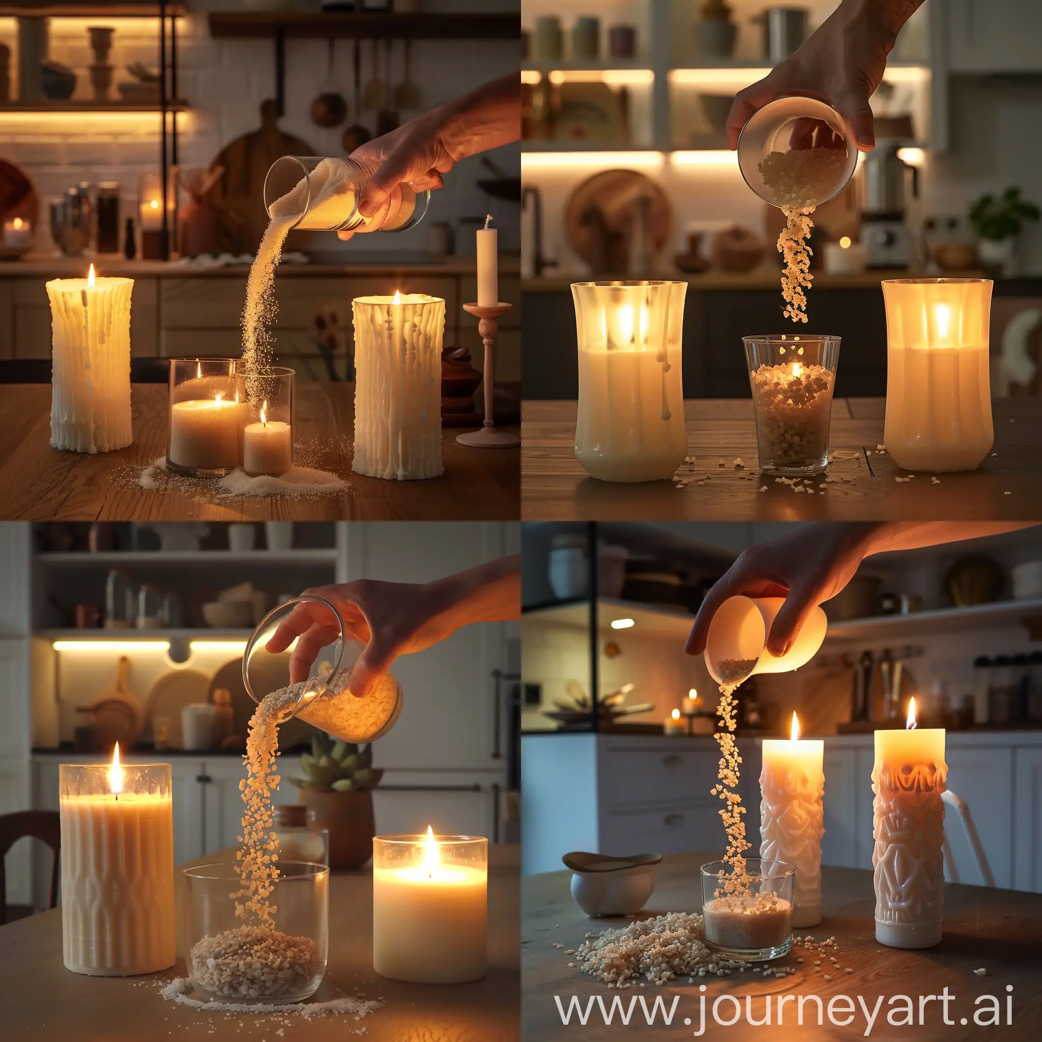 A hand pouring granules of bulk wax into an empty glass from under a candle on the table, while two lighted candles of different sizes and heights of white bulk wax, placed side by side, emit a warm light. The setting resembles a kitchen or dining area with shelves in the background, where various decorative items and kitchen utensils are stored.