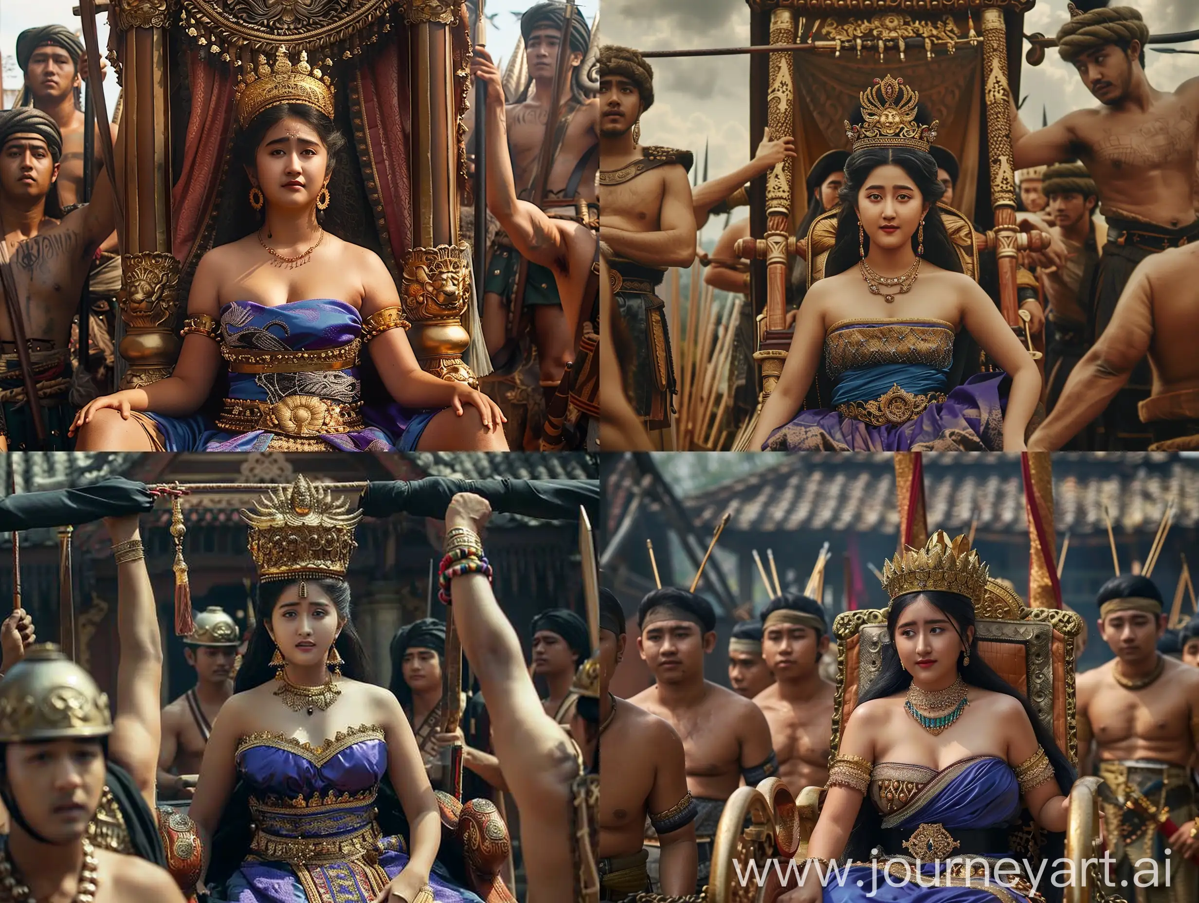 Cinematic movie, Indonesian kingdom of Pajajaran, Dyah pitaloka, 30 years old, sitting in a Palanquin royal palanquin being lifted by his troops, his troops, dressed in war clothes, without a shirt, wearing a black cloth headband,,super realistic, nice detail, --v 6 --ar 16:9